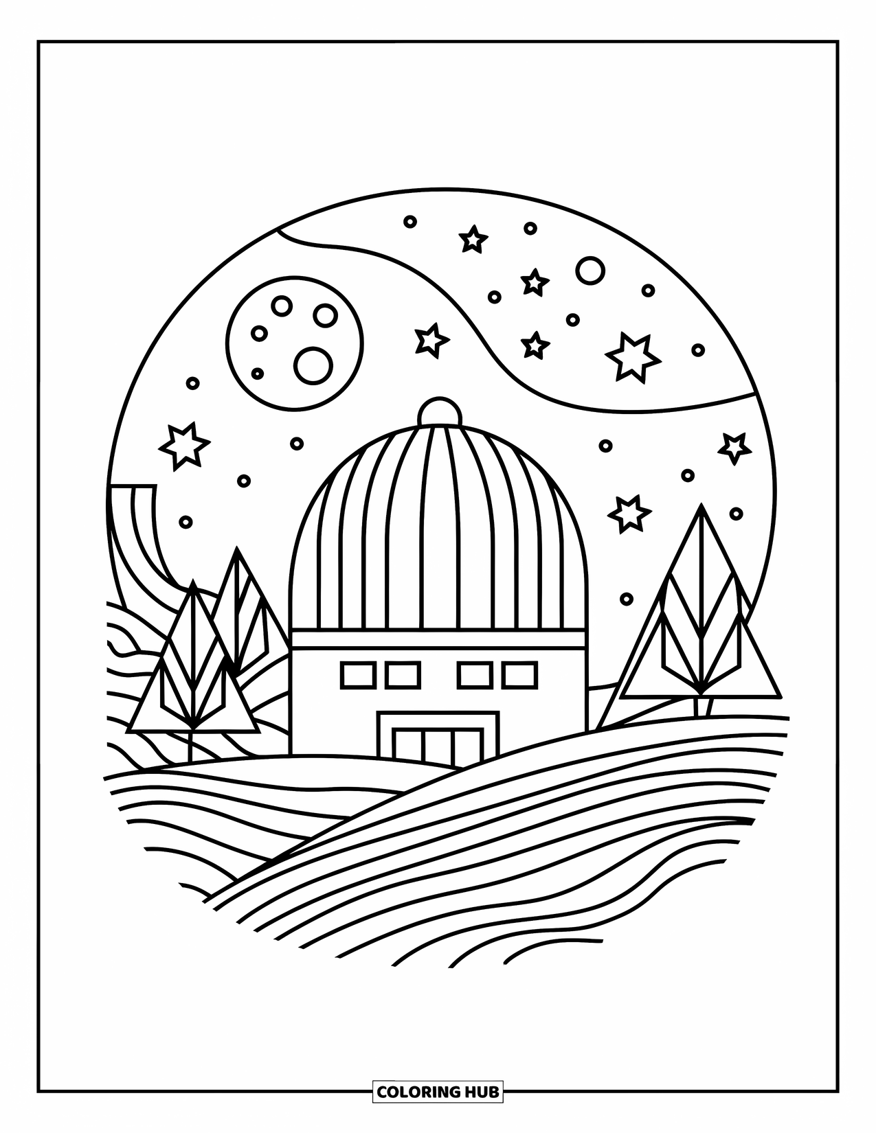 Ruimte Kleurplaat voor Volwassenen: Een sereen ruimteobservatorium met elegante hemelse details en wervelingen