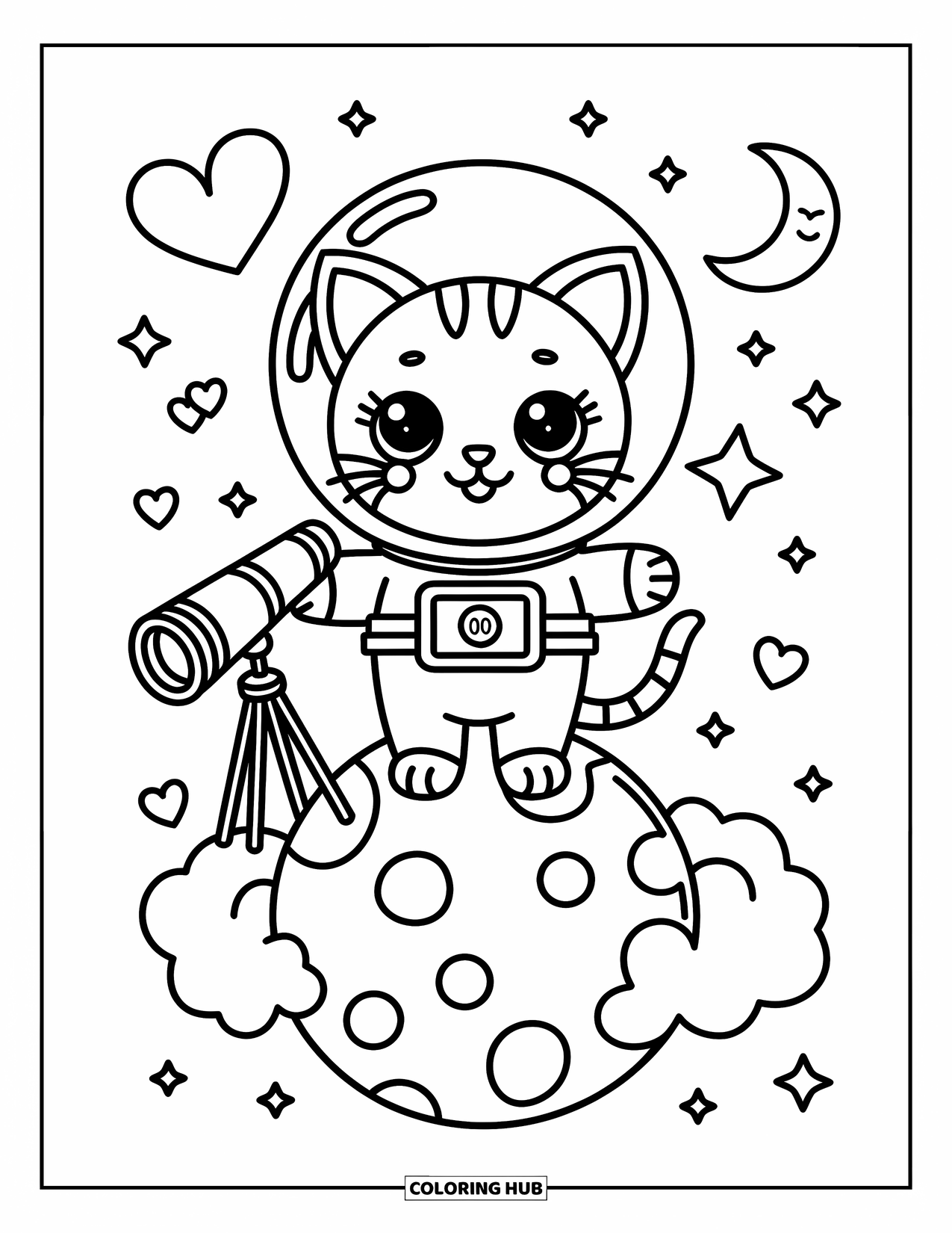 Ruimte Kleurplaat voor Volwassenen: Een kleine astronautenkat kijkt naar de lucht terwijl hij op een zachte, donzige planeet staat