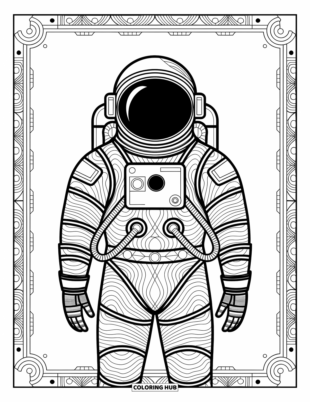 Ruimte Kleurplaat voor Volwassenen: Een ruimtepak versierd met elegante kosmische patronen en sterrendesigns