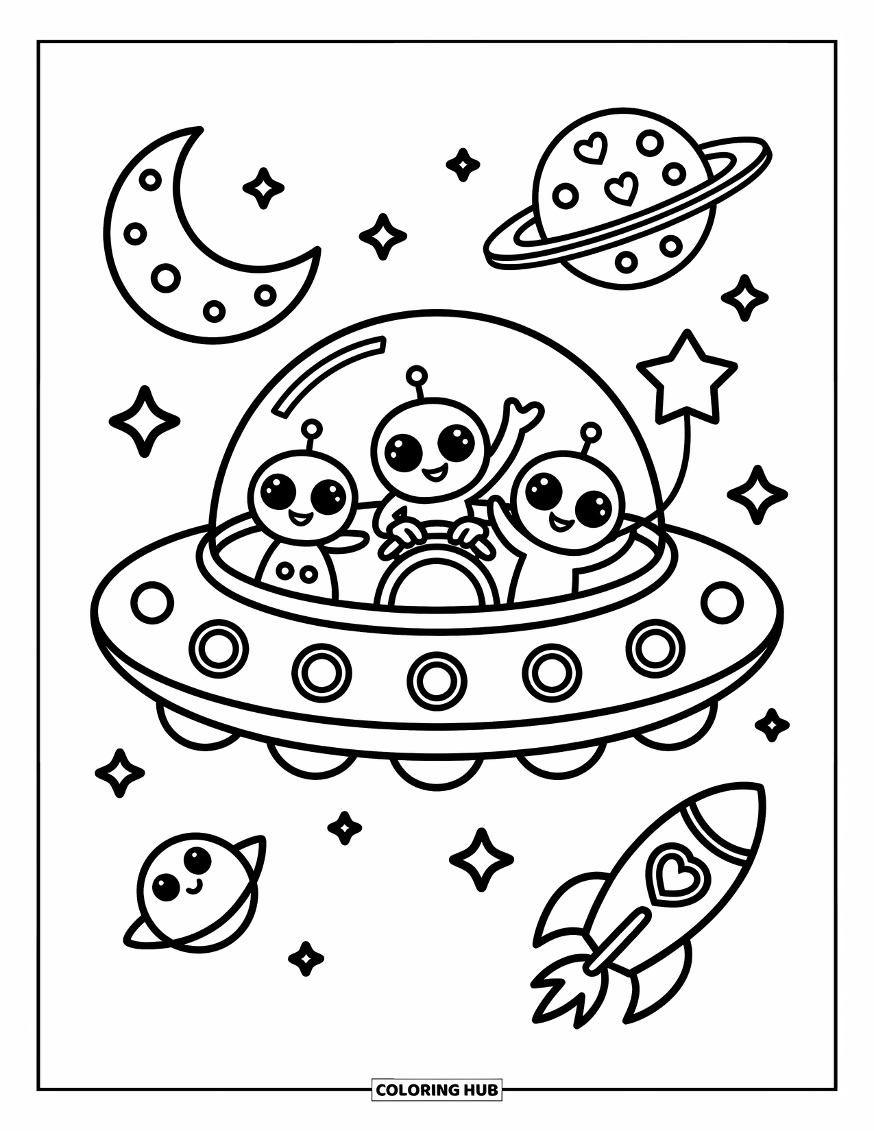 Ruimte Kleurplaat voor Volwassenen: Een ruimteschip met blije aliens drijft tussen zwevende manen en sterren