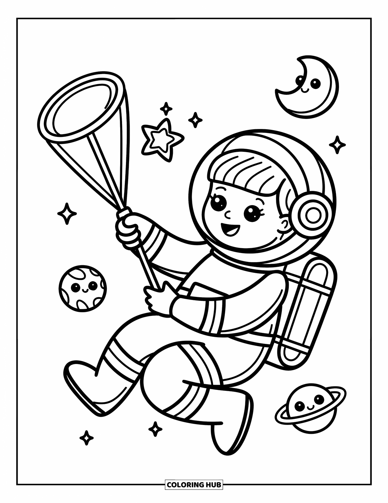 Ruimte Kleurplaat voor Volwassenen: Een jong astronautenmeisje vangt een fonkelende ster met haar vlindernet