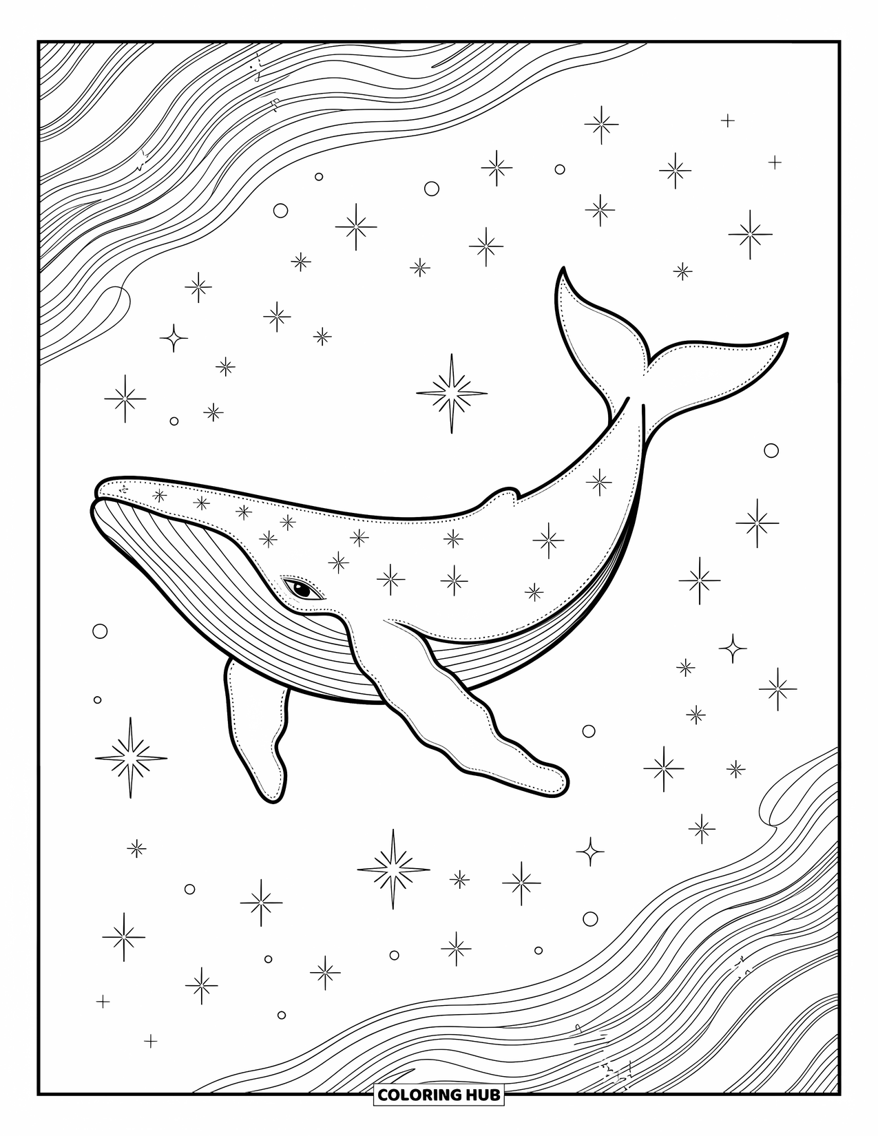 Ruimte Kleurplaat voor Volwassenen: Een elegante kosmische walvis versierd met ingewikkelde sterrenbeelden en nevels