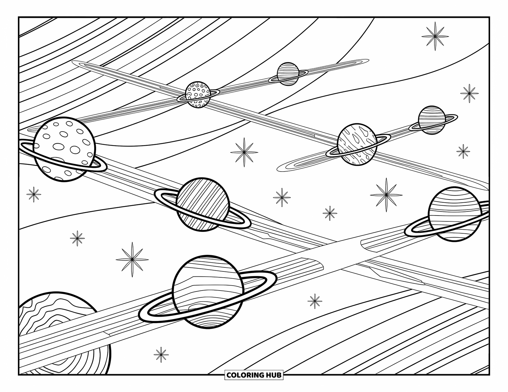 Ruimte Kleurplaat voor Volwassenen: Een elegante melkweg van planeten verbonden door wervelende, decoratieve bruggen