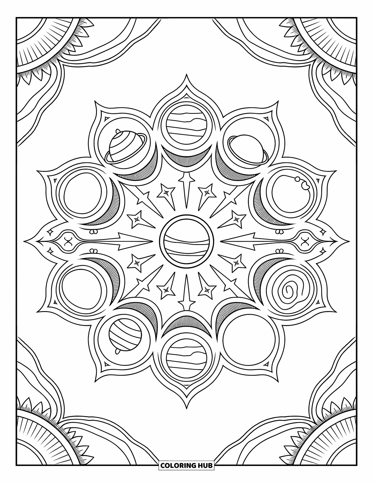 Ruimte Kleurplaat voor Volwassenen: Een elegante mandala gevuld met wervelende sterrenstelsels en gedetailleerde sterrenbeelden