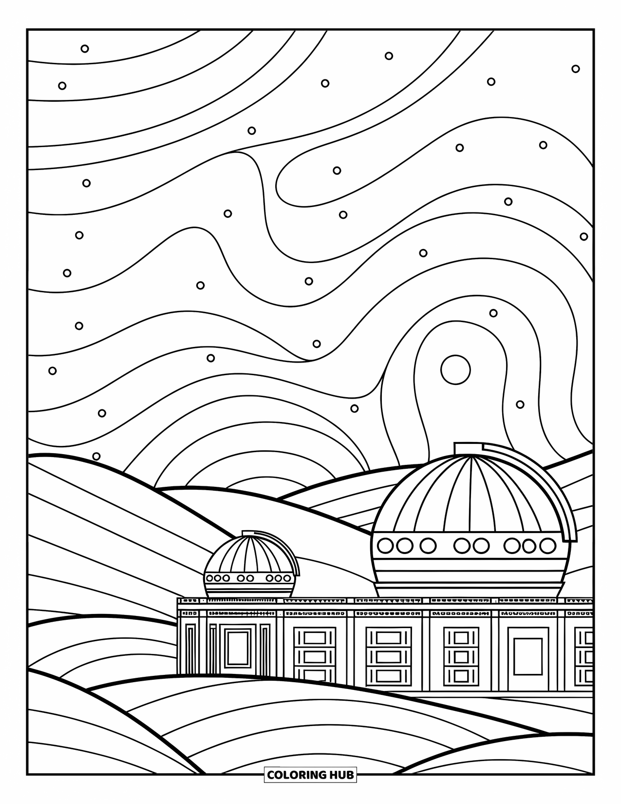 Ruimte Kleurplaat voor Volwassenen: Een ingewikkeld ruimteobservatorium met een gloeiende maan en gestructureerde sterren