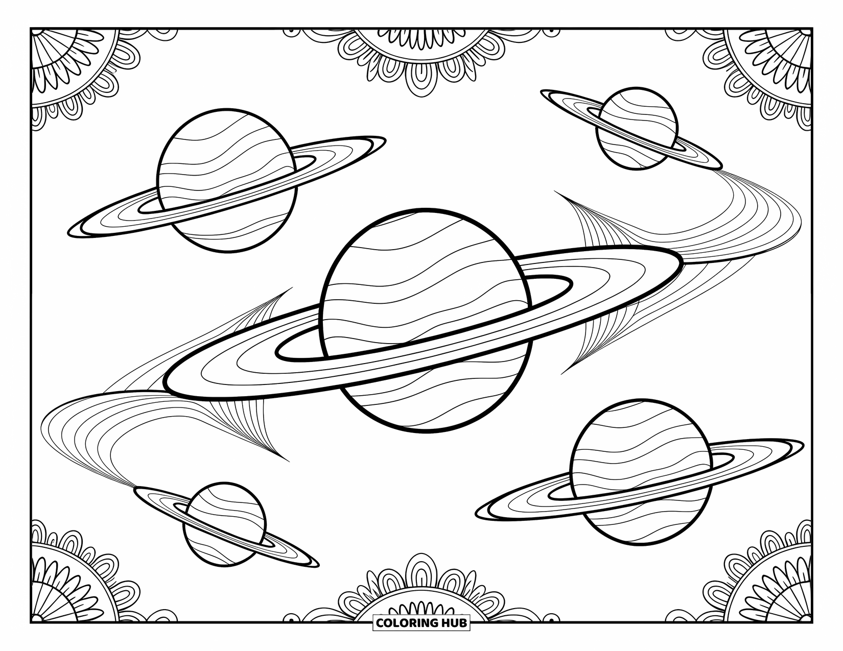 Ruimte Kleurplaat voor Volwassenen: Planeten verbonden door zwevende bruggen, bedekt met ingewikkelde kosmische patronen
