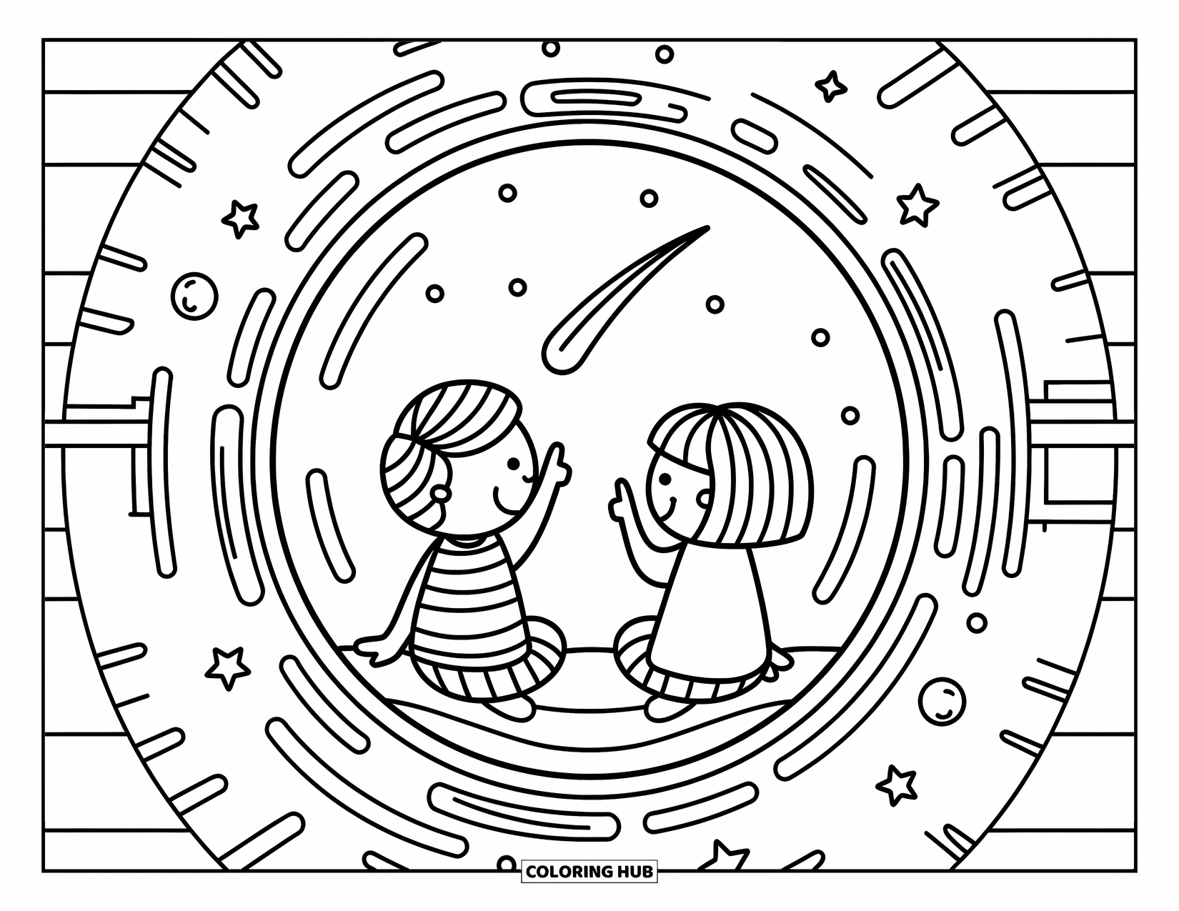 Ruimte Kleurplaat voor Volwassenen: Twee kinderen kijken naar de sterren door het grote bubbelraam van hun ruimteschip