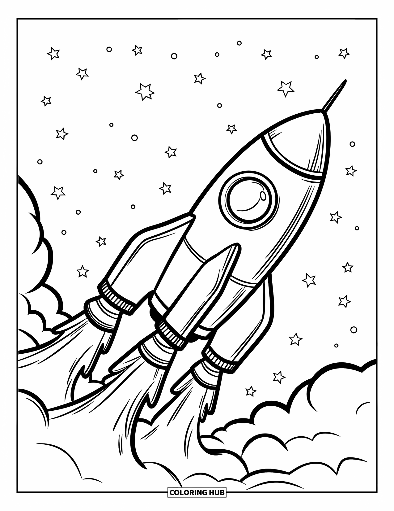 Ruimte Kleurplaat voor Kinderen: Een grote, vrolijke raket lanceert de ruimte in met wervelende rook eronder