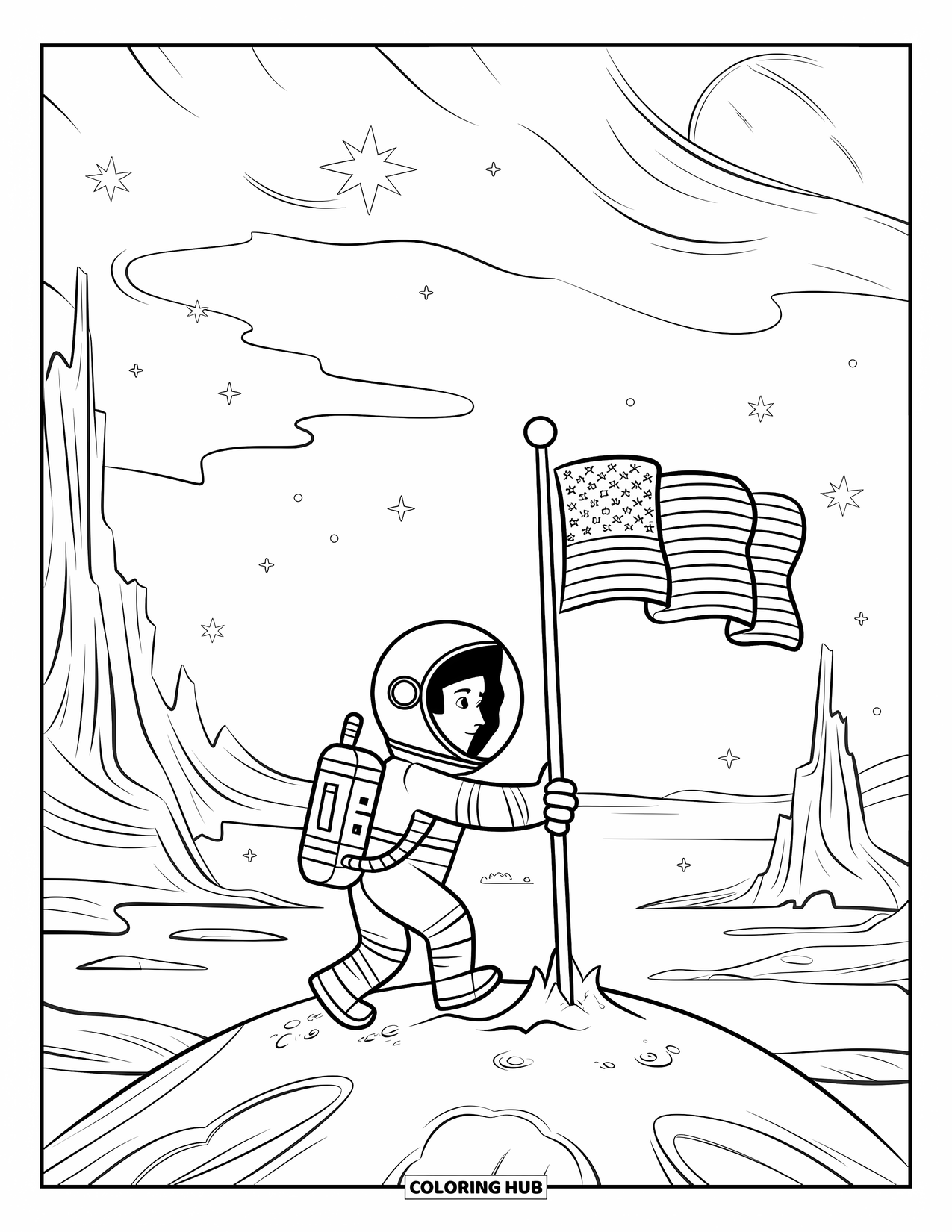 Ruimte Kleurplaat voor Kinderen: Een dappere astronaut zet een vlag op het oppervlak van een verre wereld