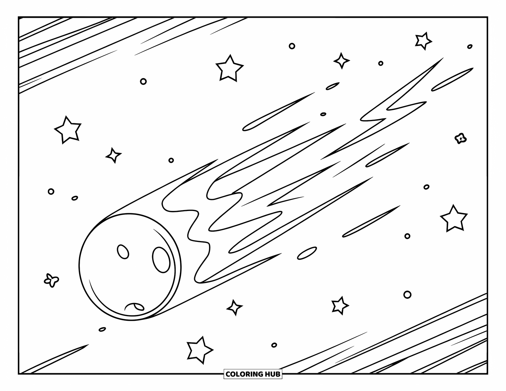 Ruimte Kleurplaat voor Kinderen: Een heldere komeet met een lange, gloeiende staart scheert door de ruimte