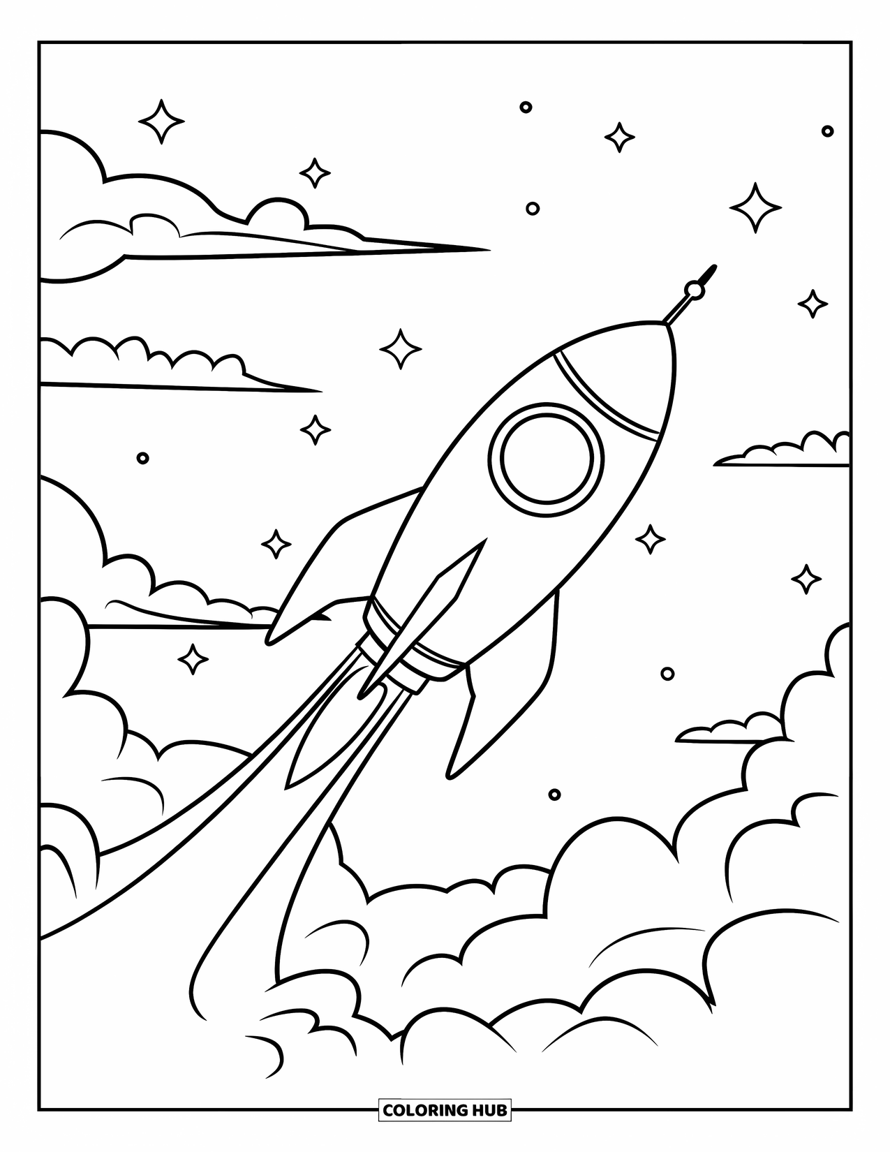 Ruimte Kleurplaat voor Kinderen: Een bruisende raket schiet de ruimte in, omlijst door wolken en sterren