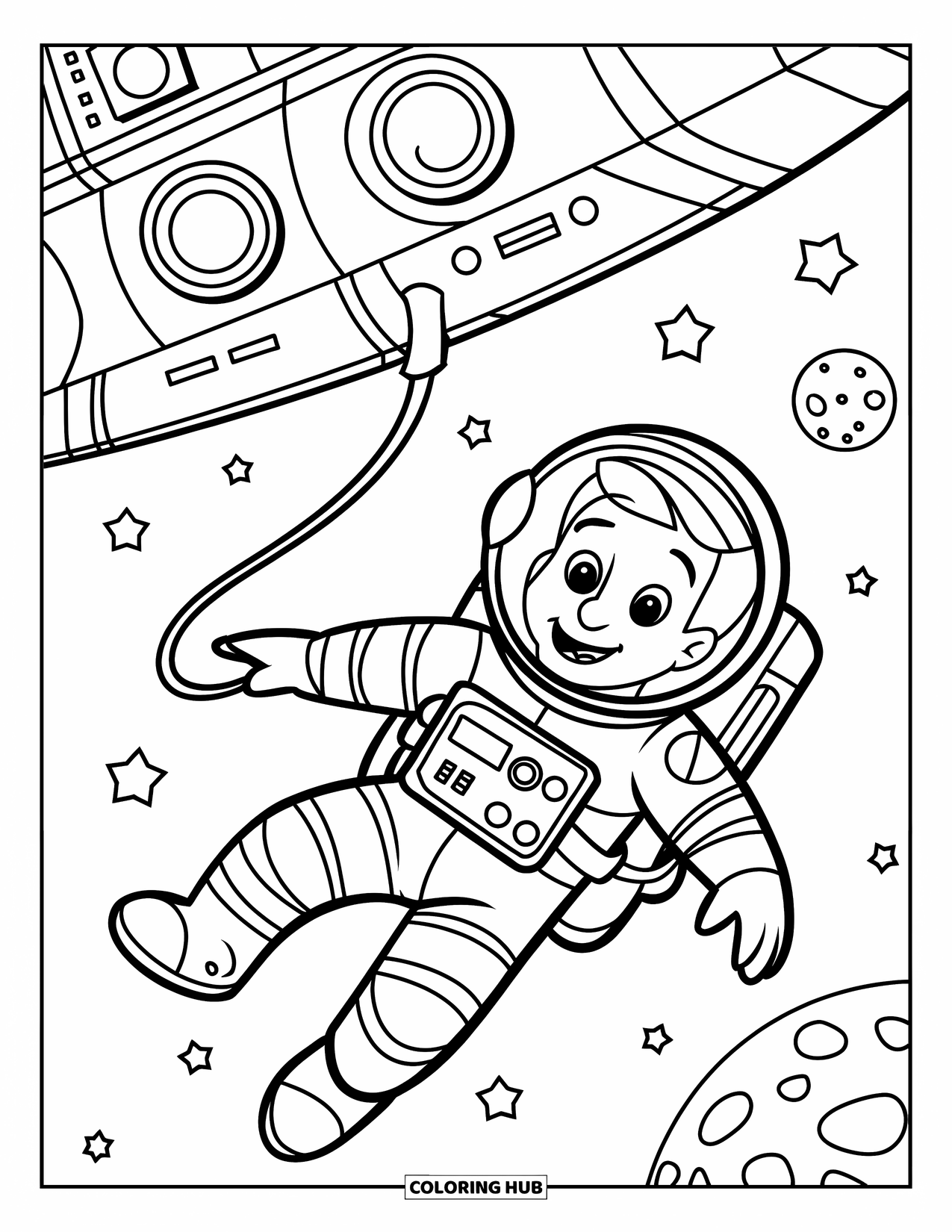 Ruimte Kleurplaat voor Kinderen: Een vrolijke astronaut zwaait terwijl hij in de diepe ruimte zweeft