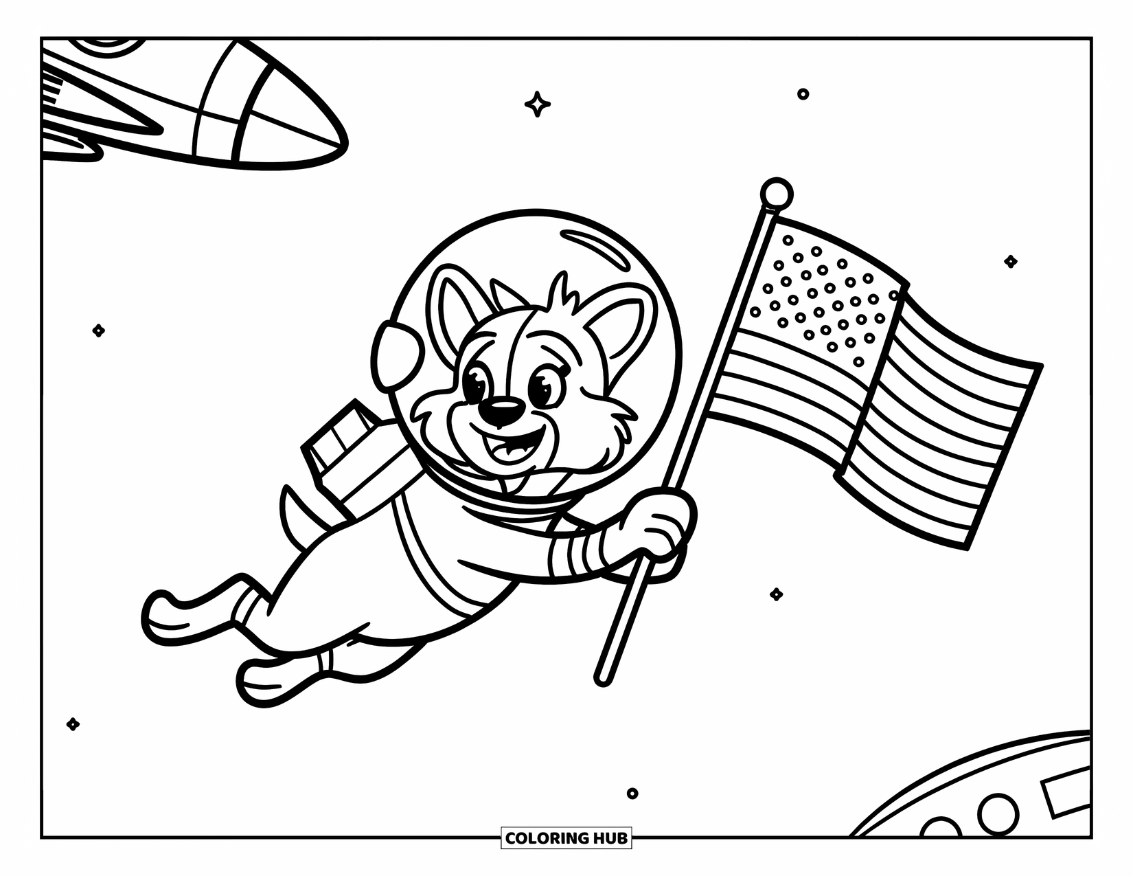 Ruimte Kleurplaat voor Kinderen: Een vrolijke ruimtepup drijft gewichtloos tussen sterren en planeten