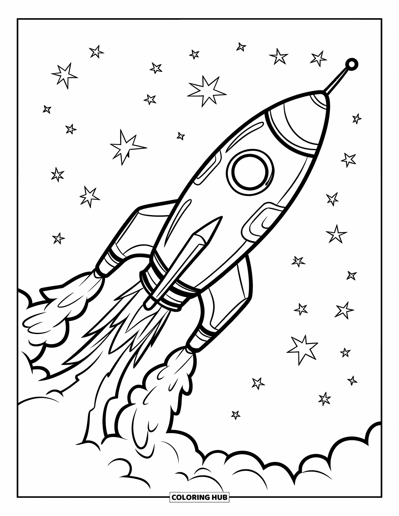 Ruimte Kleurplaat voor Kinderen: Een gedrongen raket schiet de ruimte in en laat pluizige rookwolken achter