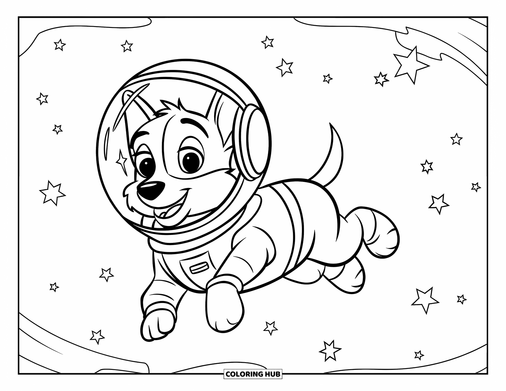 Ruimte Kleurplaat voor Kinderen: Een nieuwsgierige ruimtepup met een astronautenhelm verkent het sterrenstelsel