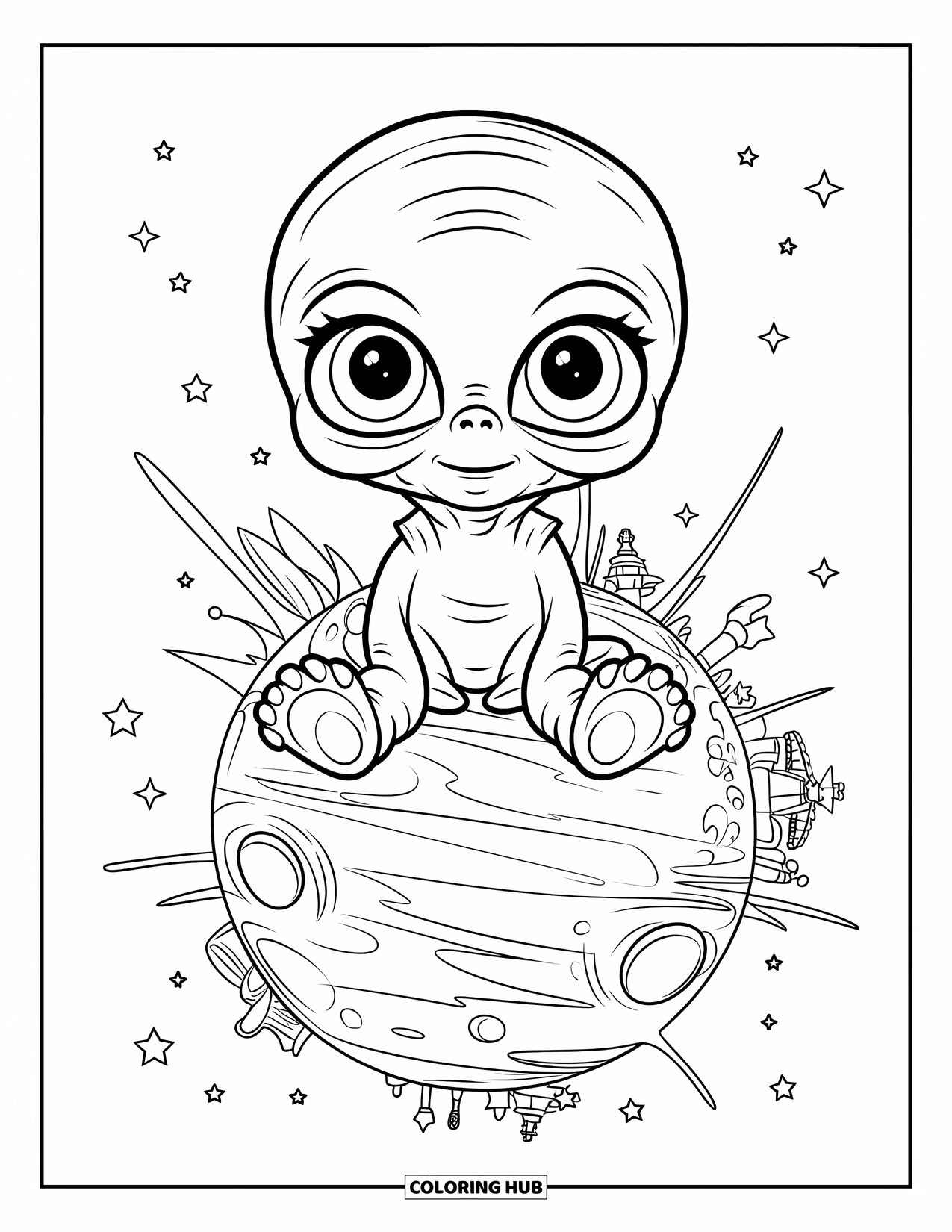 Ruimte Kleurplaat voor Kinderen: Een schattige alien met een groot hoofd ontspant zich op een kleine, zwevende wereld