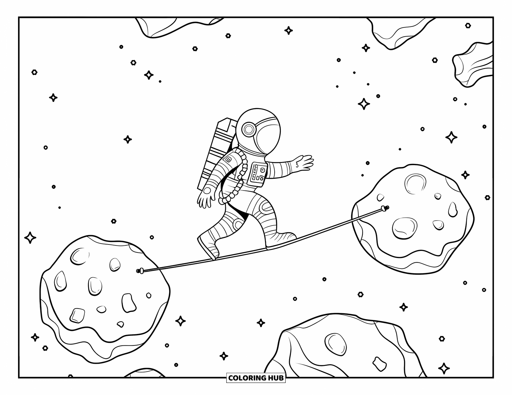 Ruimte Kleurplaat voor Kinderen: Een gewaagde astronaut balanceert voorzichtig op een koord tussen twee asteroïden