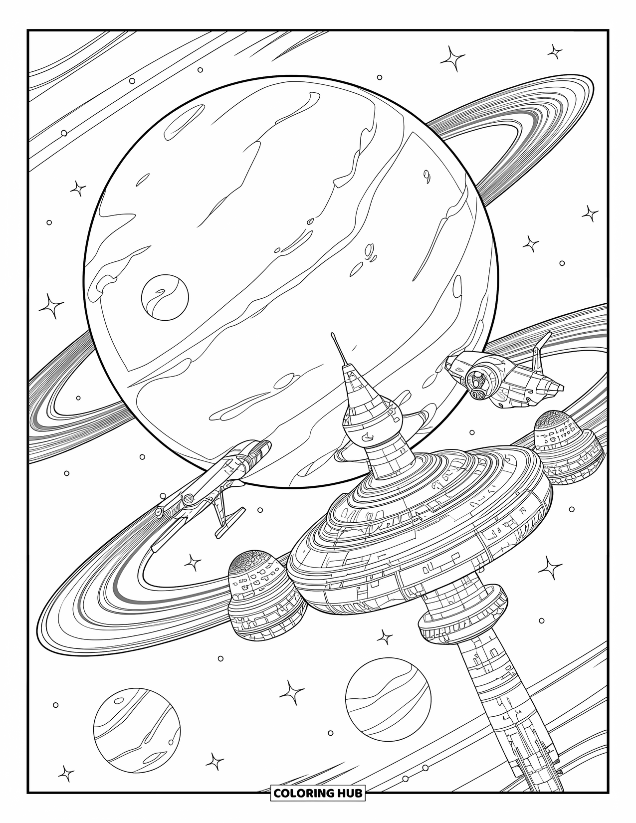 Ruimte Kleurplaat voor Kinderen: Een gedetailleerd ruimtestation zweeft in een baan om een wervelende gasreus