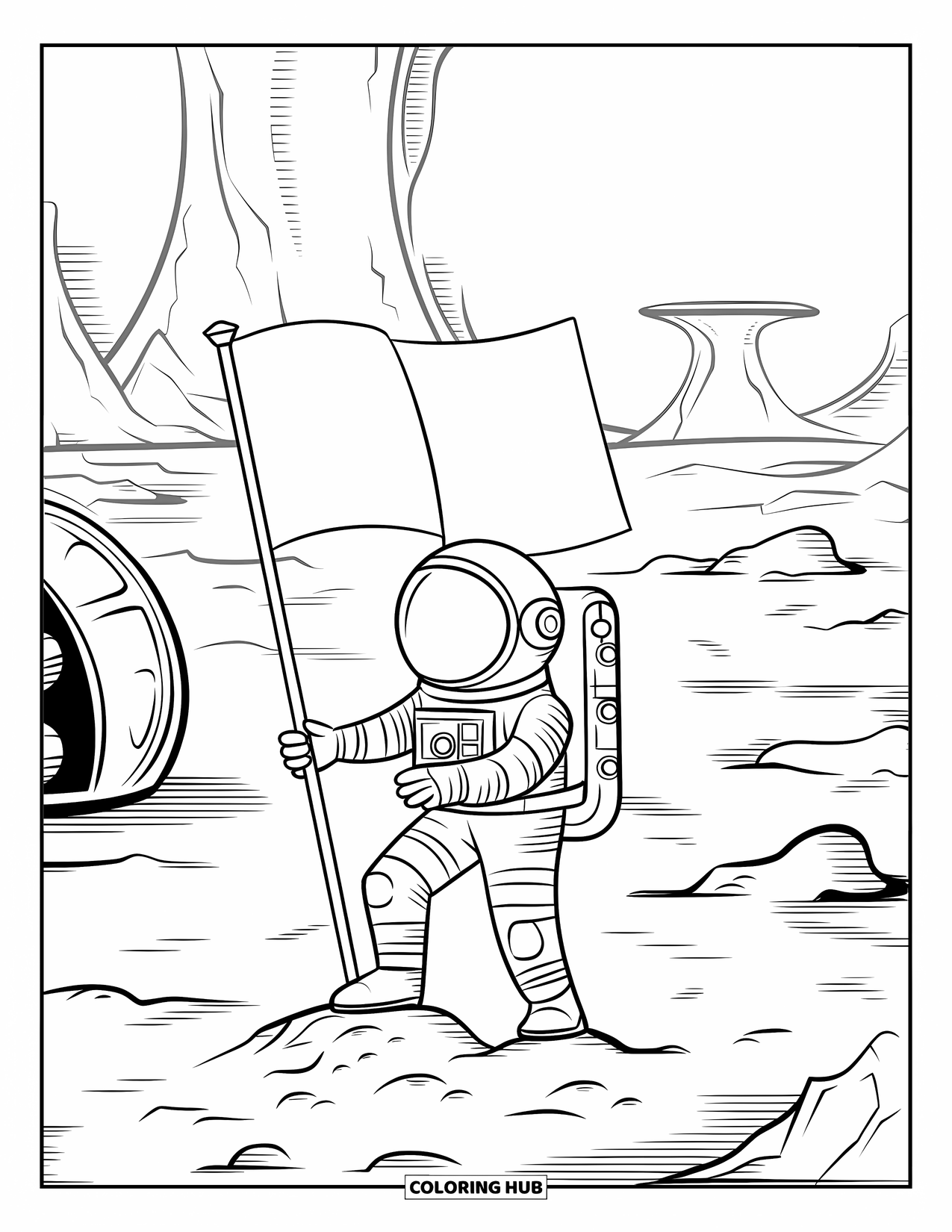 Ruimte Kleurplaat voor Kinderen: Een vastberaden astronaut plaatst een vlag op een vreemd, rotsachtig terrein