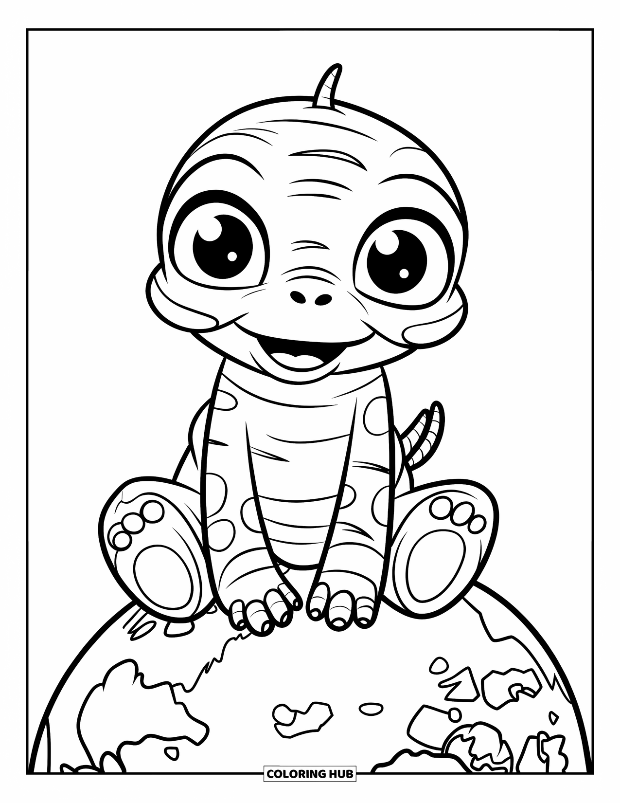 Ruimte Kleurplaat voor Kinderen: Een vriendelijke alien met grote, ronde ogen zit op een kleine planeet