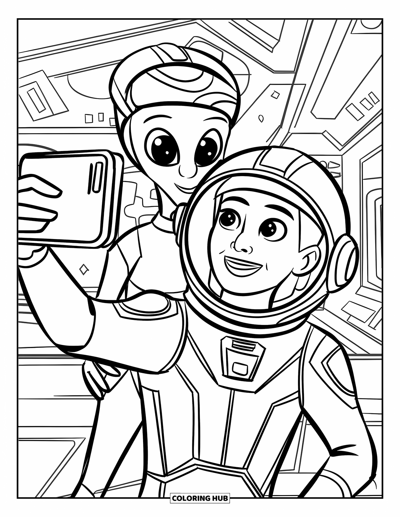 Ruimte Kleurplaat voor Kinderen: Een vriendelijke astronaut en een alien nemen een leuke selfie op een buitenaardse wereld