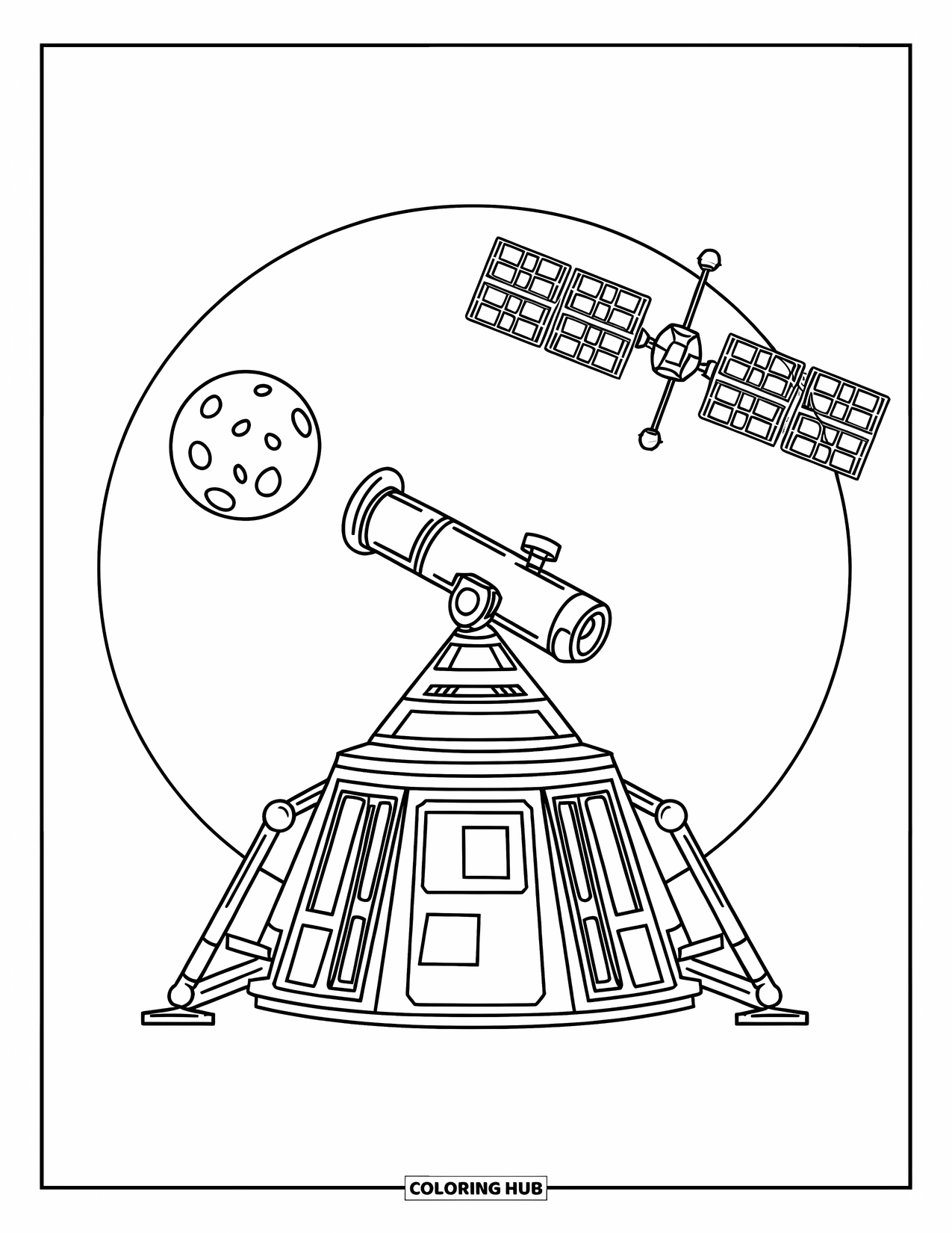 Ruimte Kleurplaat voor Kinderen: Een futuristische maanbasis met ronde ramen en een kleine telescoop