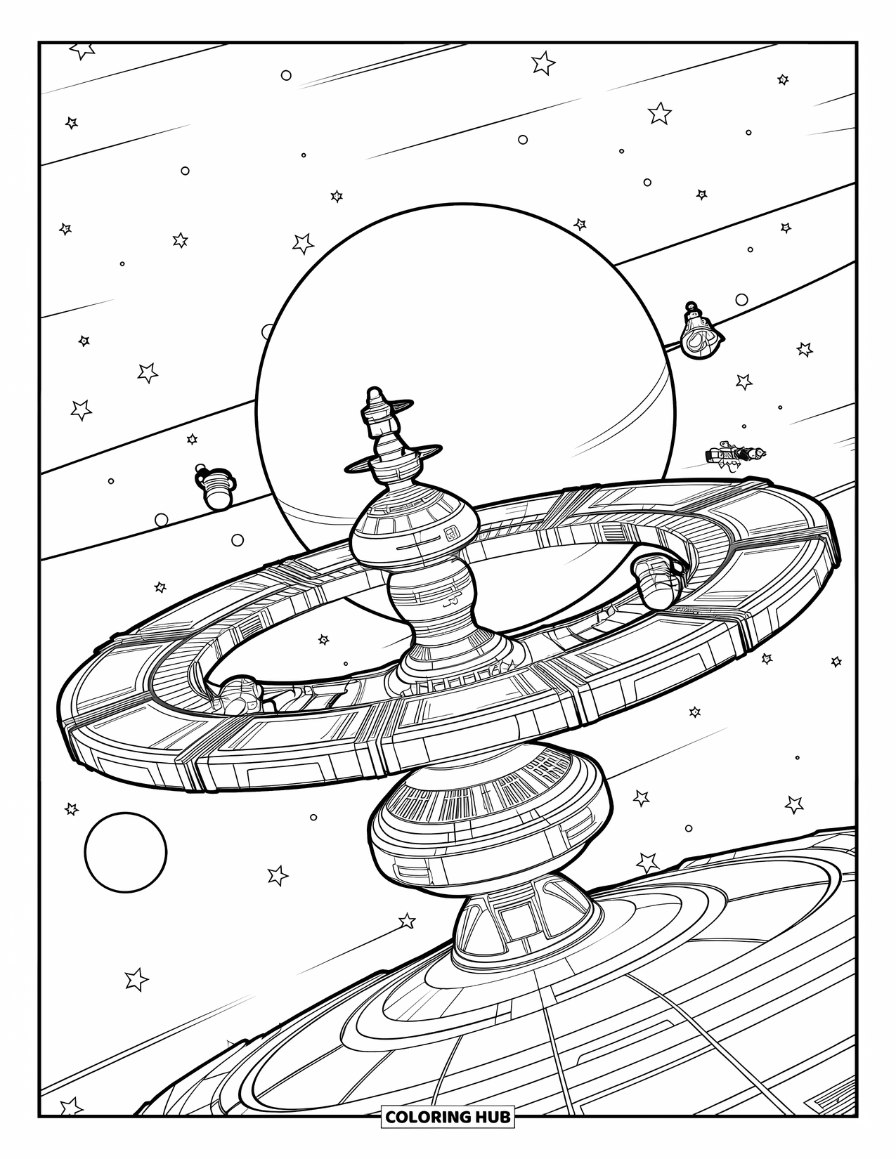 Ruimte Kleurplaat voor Kinderen: Een futuristisch ruimtestation draait in een baan om een enorme gasreus