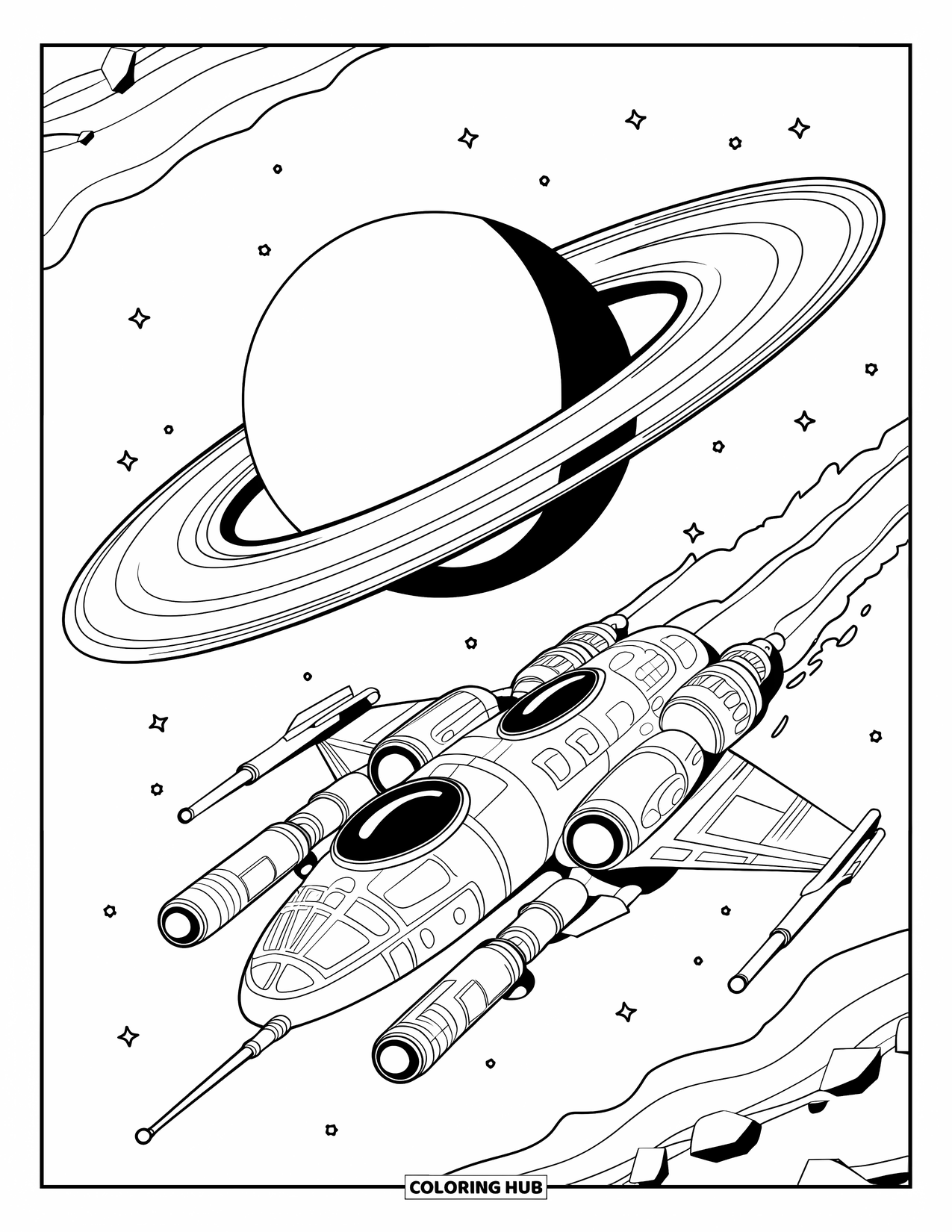 Ruimte Kleurplaat voor Kinderen: Een futuristisch ruimteschip scheert langs een majestueuze geringde planeet
