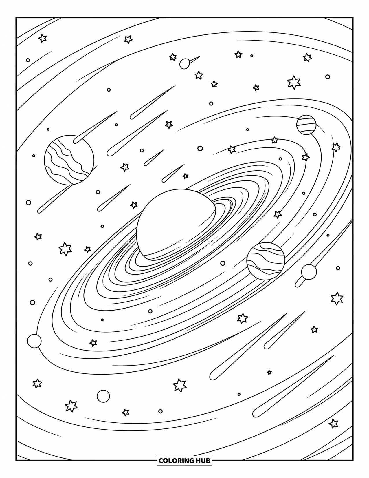 Ruimte Kleurplaat voor Kinderen: Een gigantisch wervelend sterrenstelsel met vallende sterren die de diepe ruimte verlichten