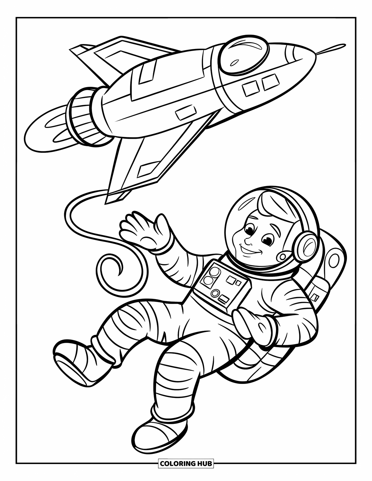 Ruimte Kleurplaat voor Kinderen: Een blije astronaut zweeft in de ruimte, vastgemaakt aan een ruimteschip