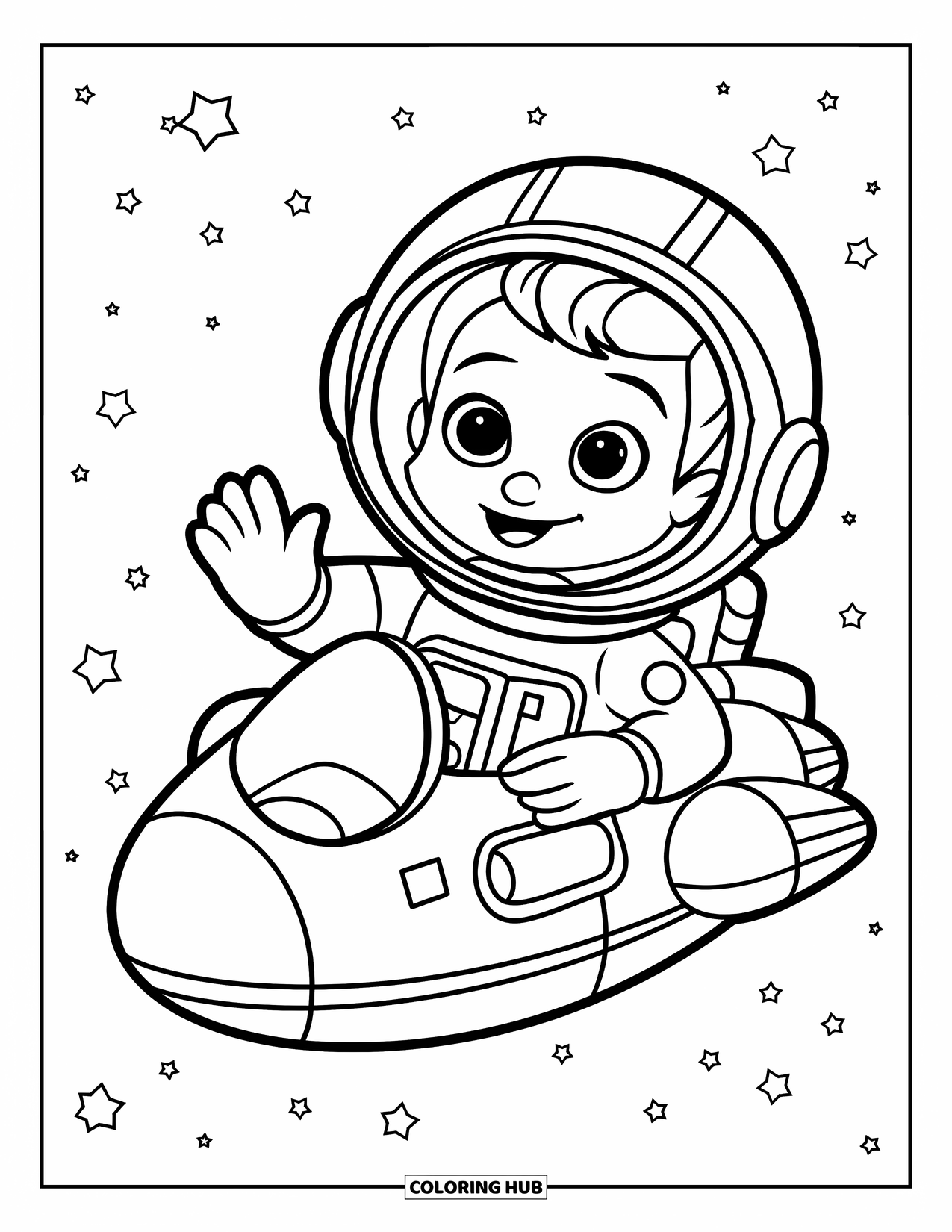 Ruimte Kleurplaat voor Kinderen: Een blije astronaut zwaait vanuit een klein ruimteschip dat in de ruimte drijft