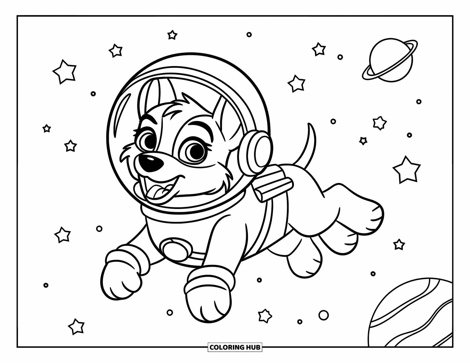 Ruimte Kleurplaat voor Kinderen: Een blije hond in een ruimtepak zweeft in gewichtloosheid en kwispelt met zijn staart