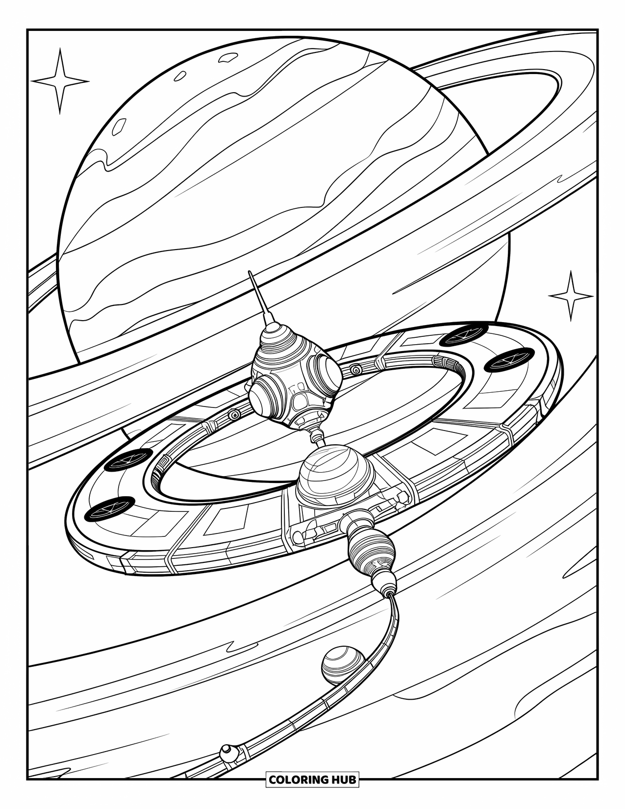Ruimte Kleurplaat voor Kinderen: Een hightech ruimtestation met bruggen en modules draait in een baan om een planeet