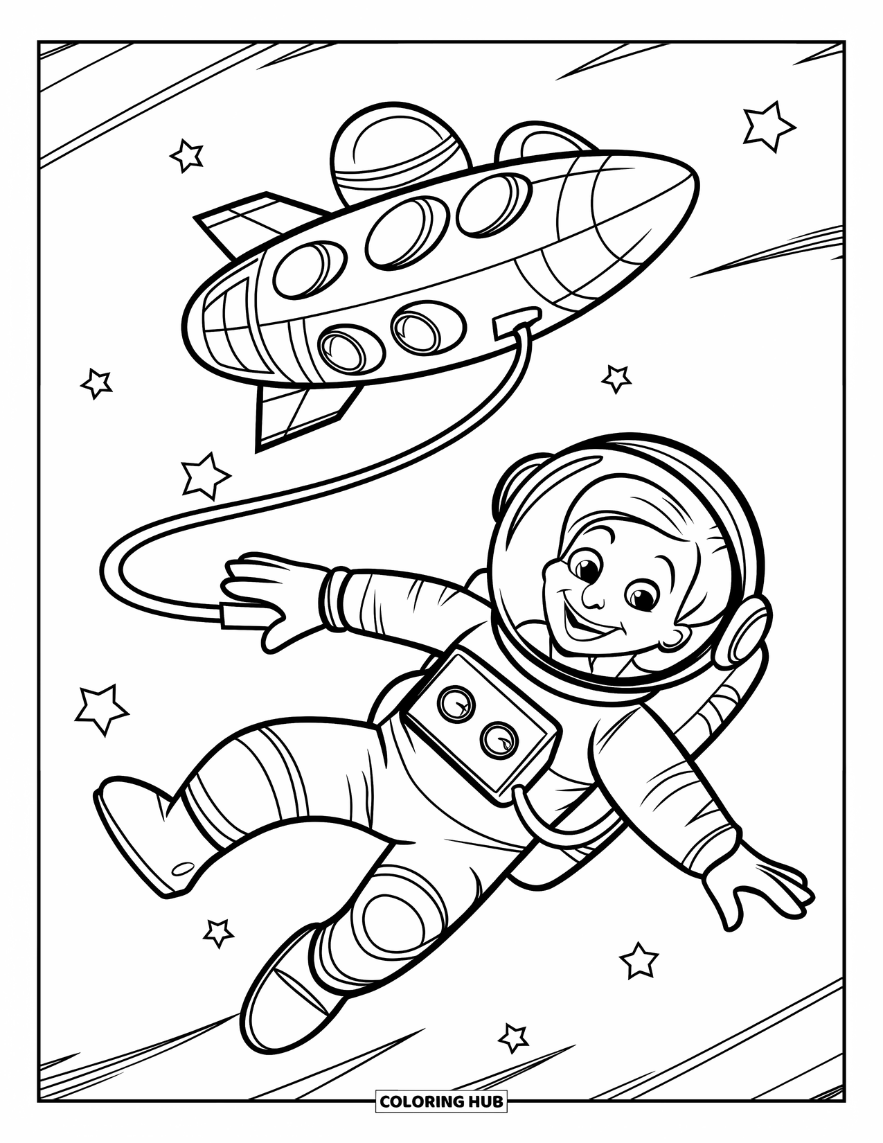 Ruimte Kleurplaat voor Kinderen: Een vrolijke ruimteverkenner zweeft gewichtloos met een ruimteschip in de buurt
