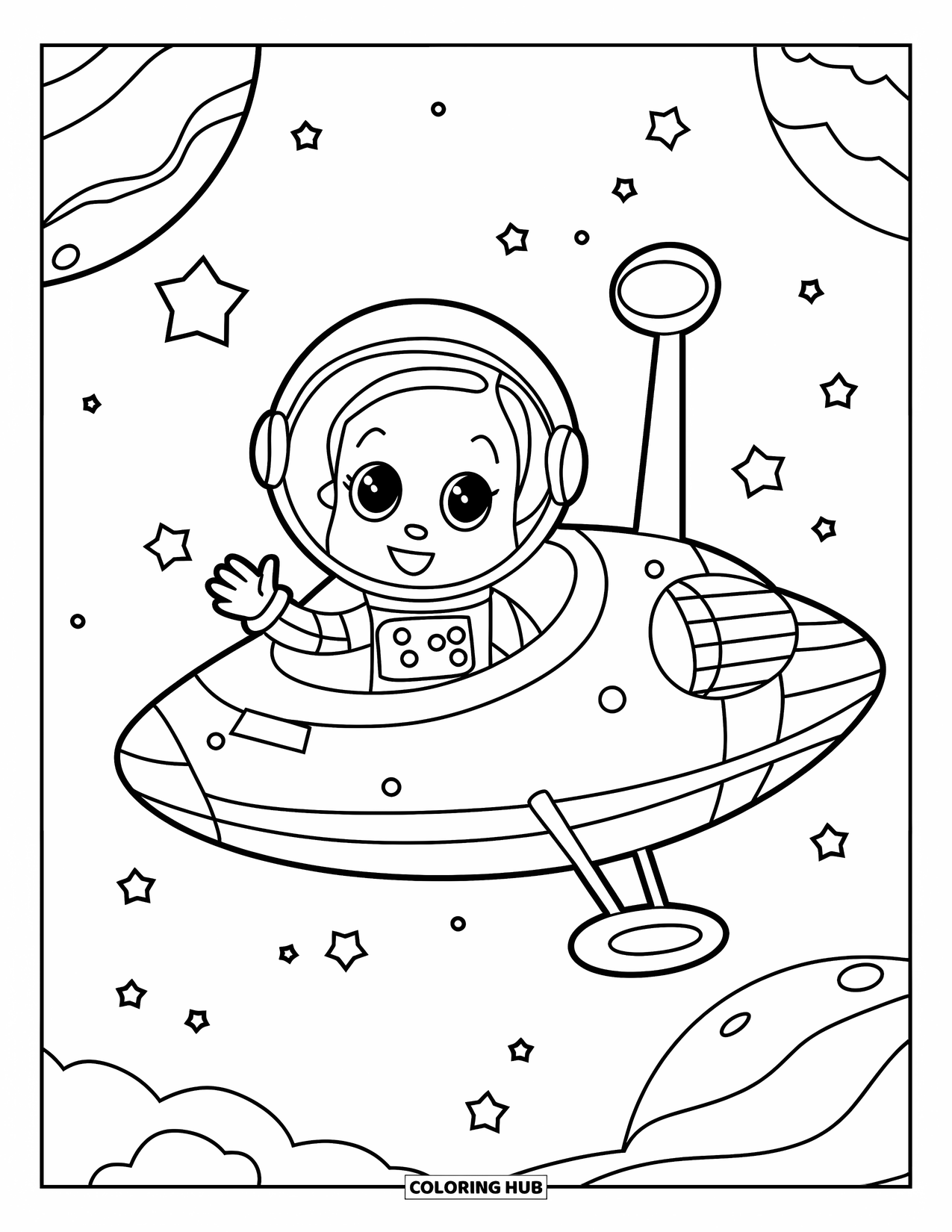 Ruimte Kleurplaat voor Kinderen: Een kleine astronaut gluurt uit een rond ruimteschipraam en zwaait