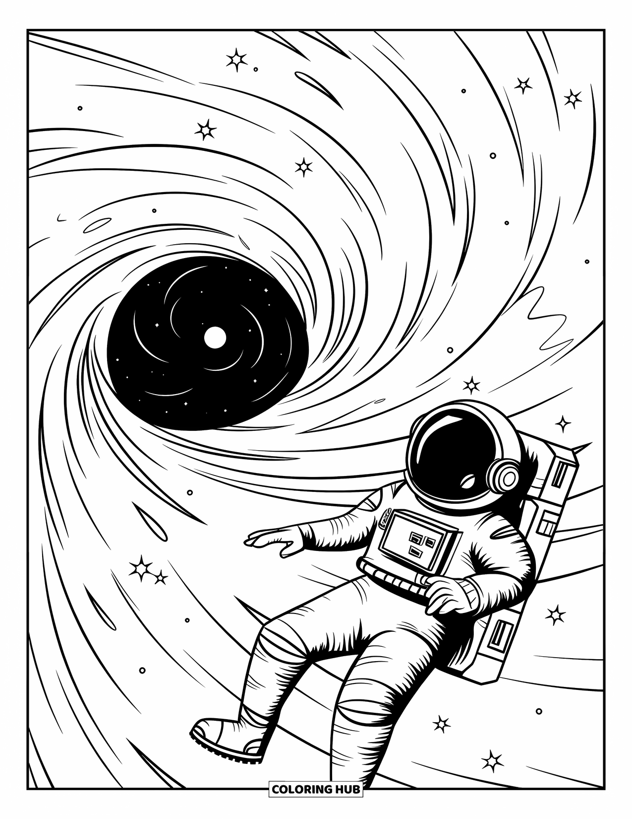 Ruimte Kleurplaat voor Kinderen: Een verloren astronaut drijft in de buurt van de wervelende rand van een zwart gat