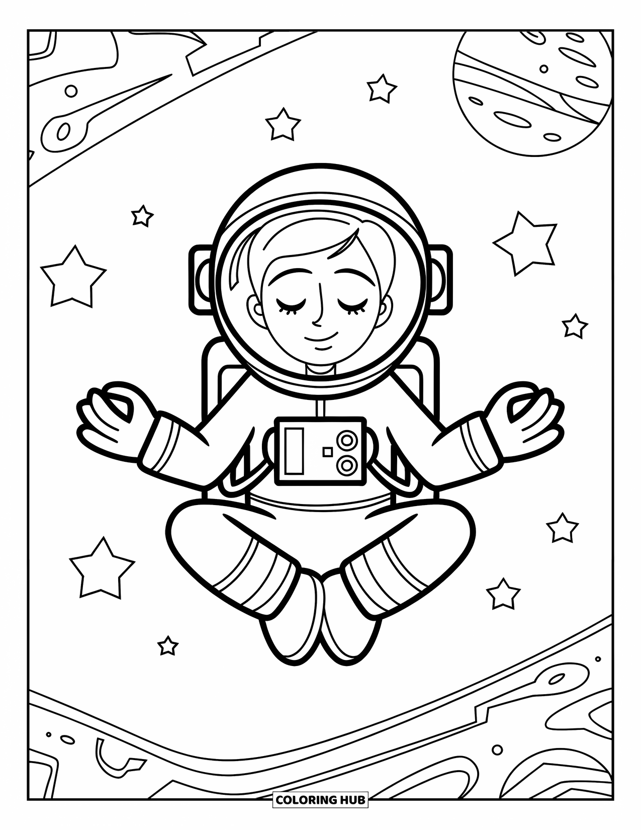 Ruimte Kleurplaat voor Kinderen: Een mediterende astronaut zweeft kalm in de ruimte, omringd door sterren