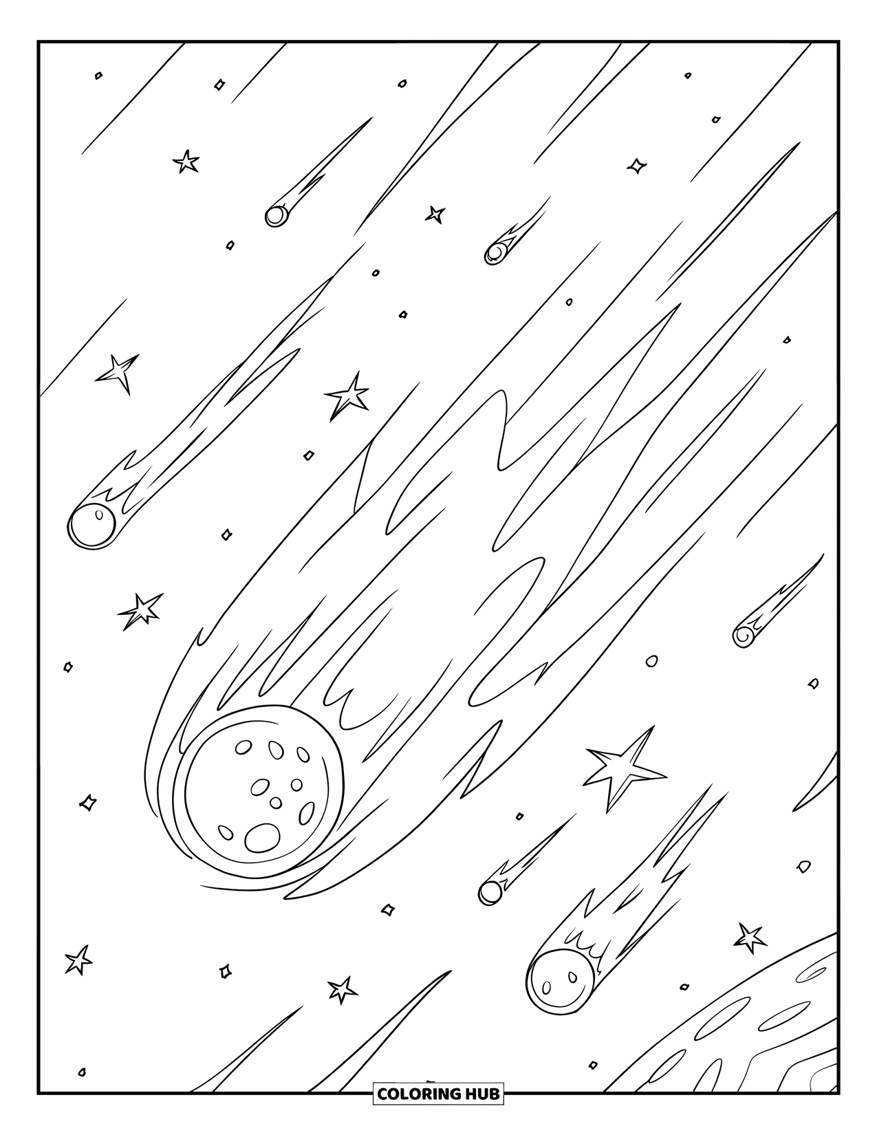Ruimte Kleurplaat voor Kinderen: Een meteorenregen trekt door de ruimte en laat heldere sporen achter