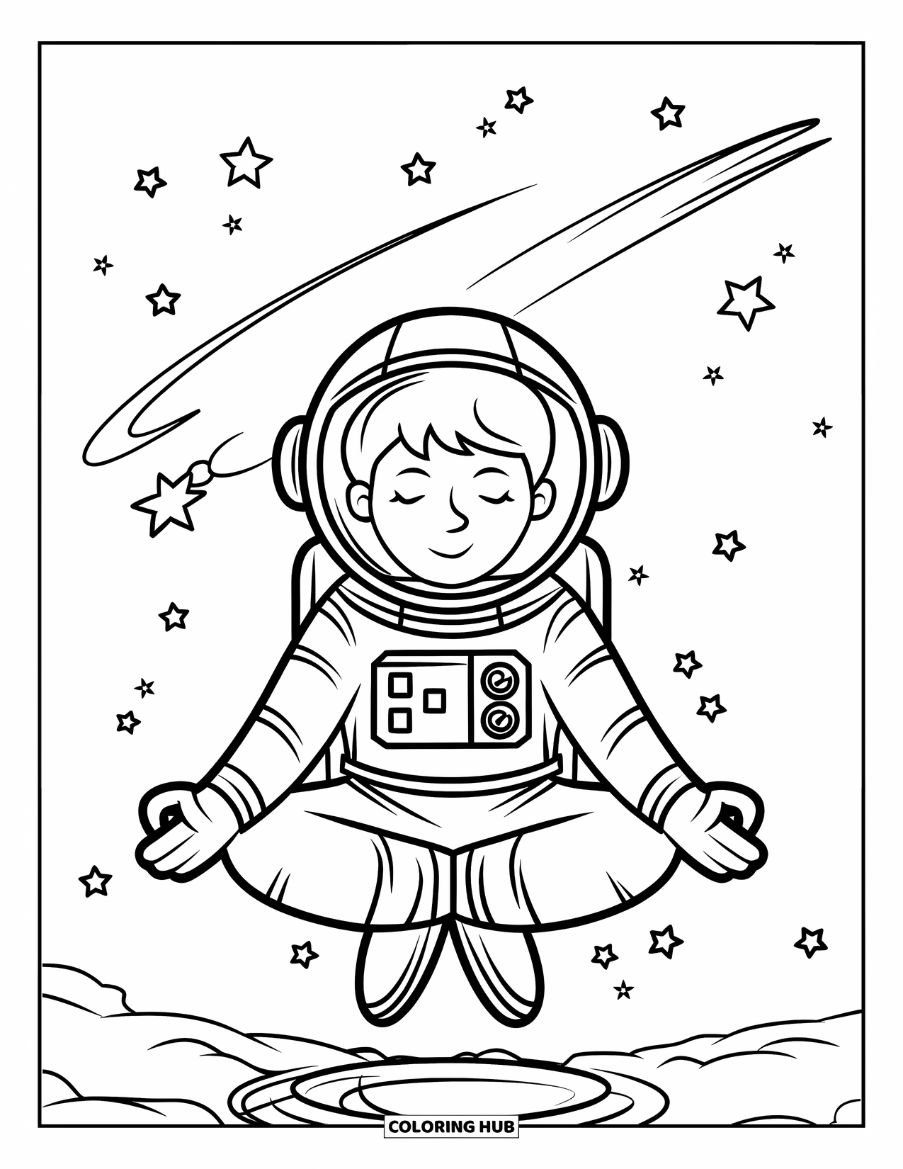 Ruimte Kleurplaat voor Kinderen: Een vredige astronaut mediteert gewichtloos tussen de sterren
