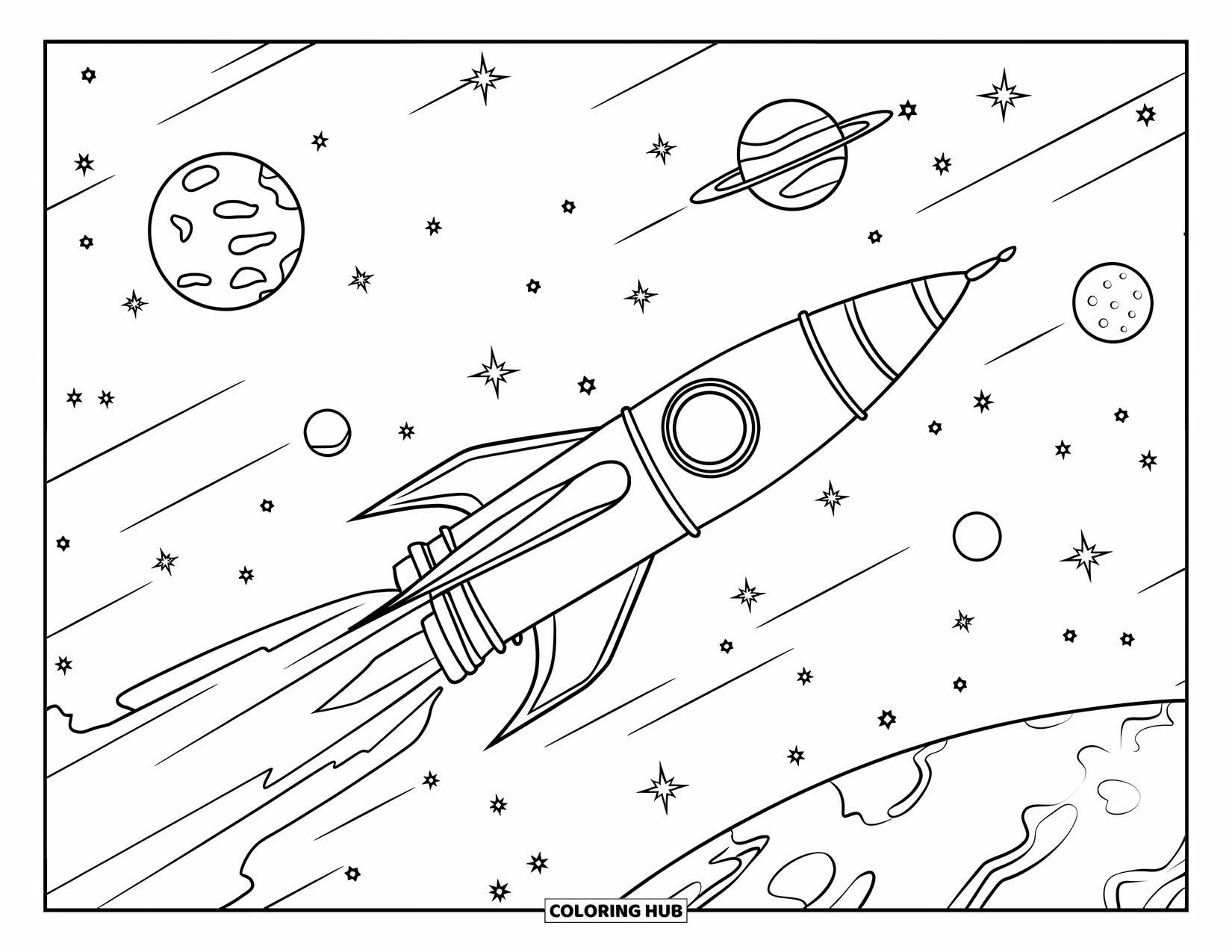 Ruimte Kleurplaat voor Kinderen: Een raket in retrostijl schiet langs verre planeten in de diepe ruimte