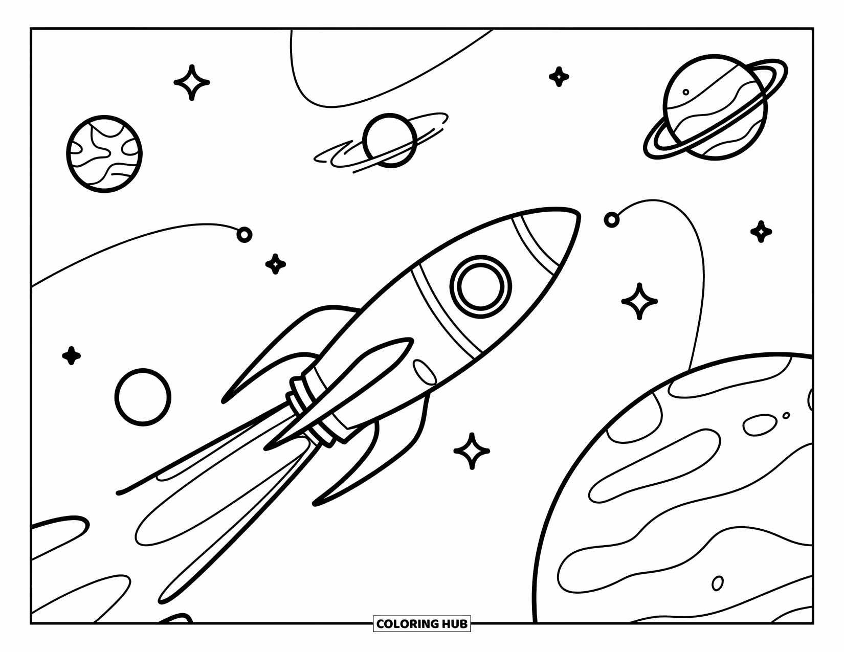 Ruimte Kleurplaat voor Kinderen: Een ruimteschip scheert langs vreemde planeten, slingerend door de sterren