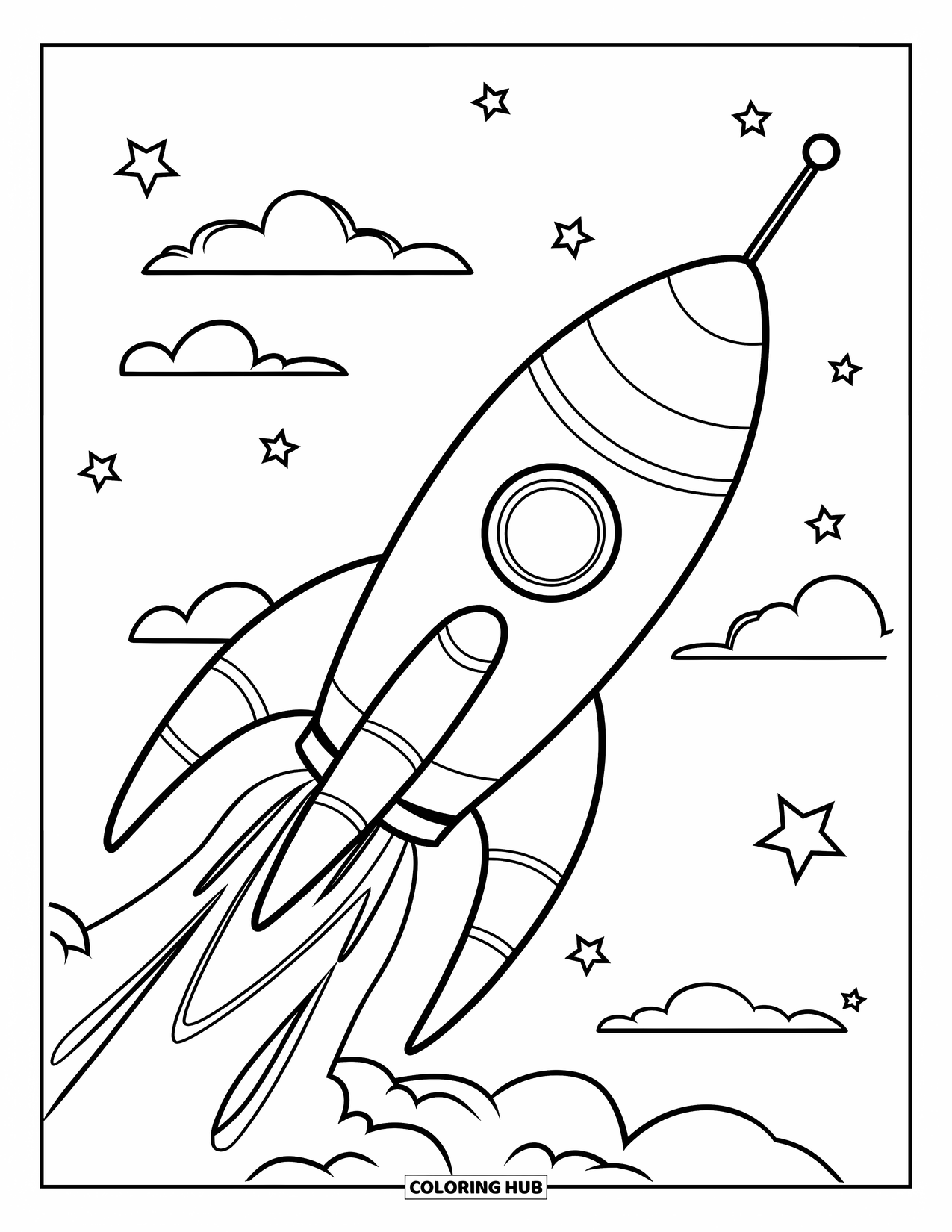 Ruimte Kleurplaat voor Kinderen: Een ronde raket met grote motoren schiet voorbij fonkelende sterren