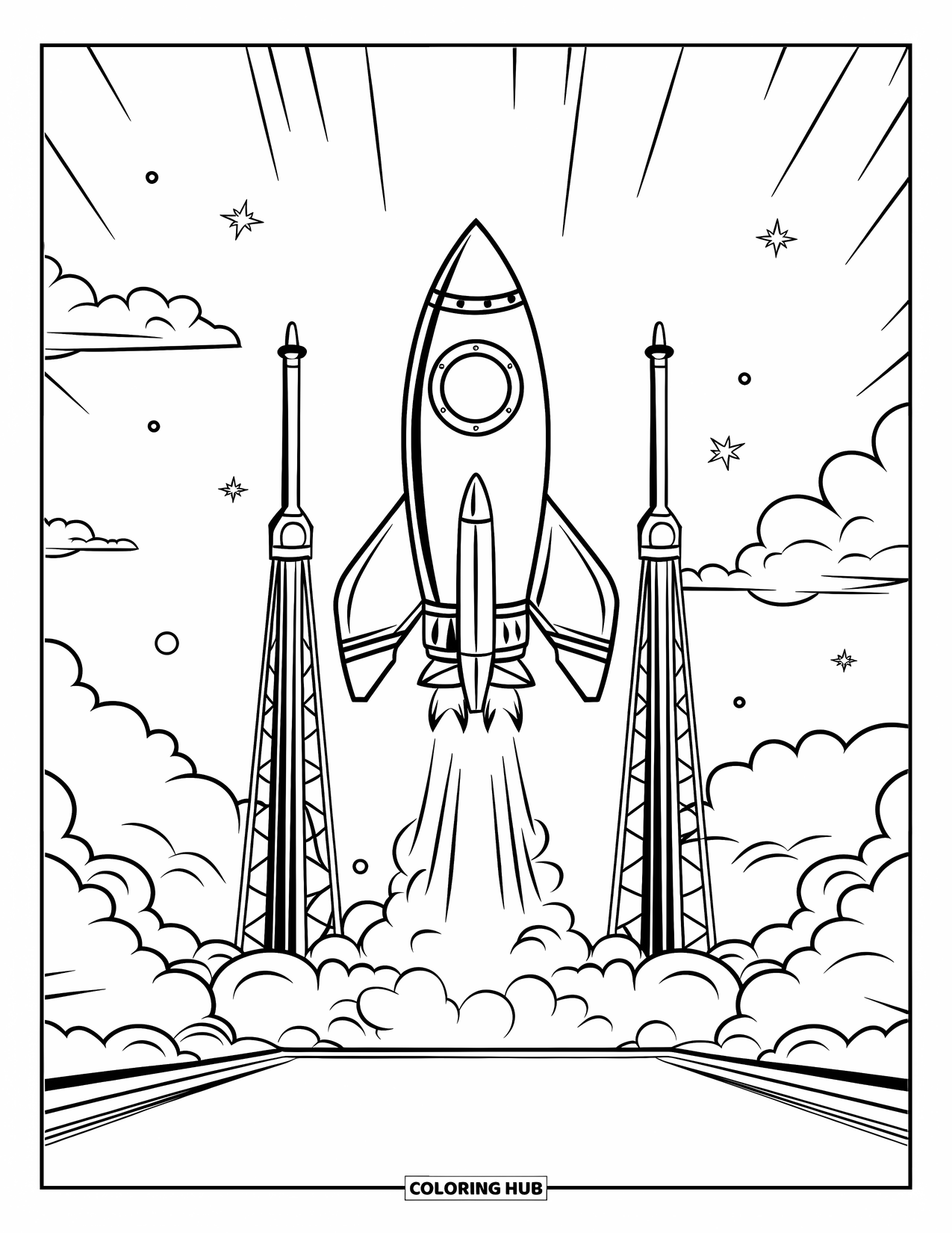 Ruimte Kleurplaat voor Kinderen: Een slanke raket stijgt op van een lanceerplatform en laat een vurig spoor achter