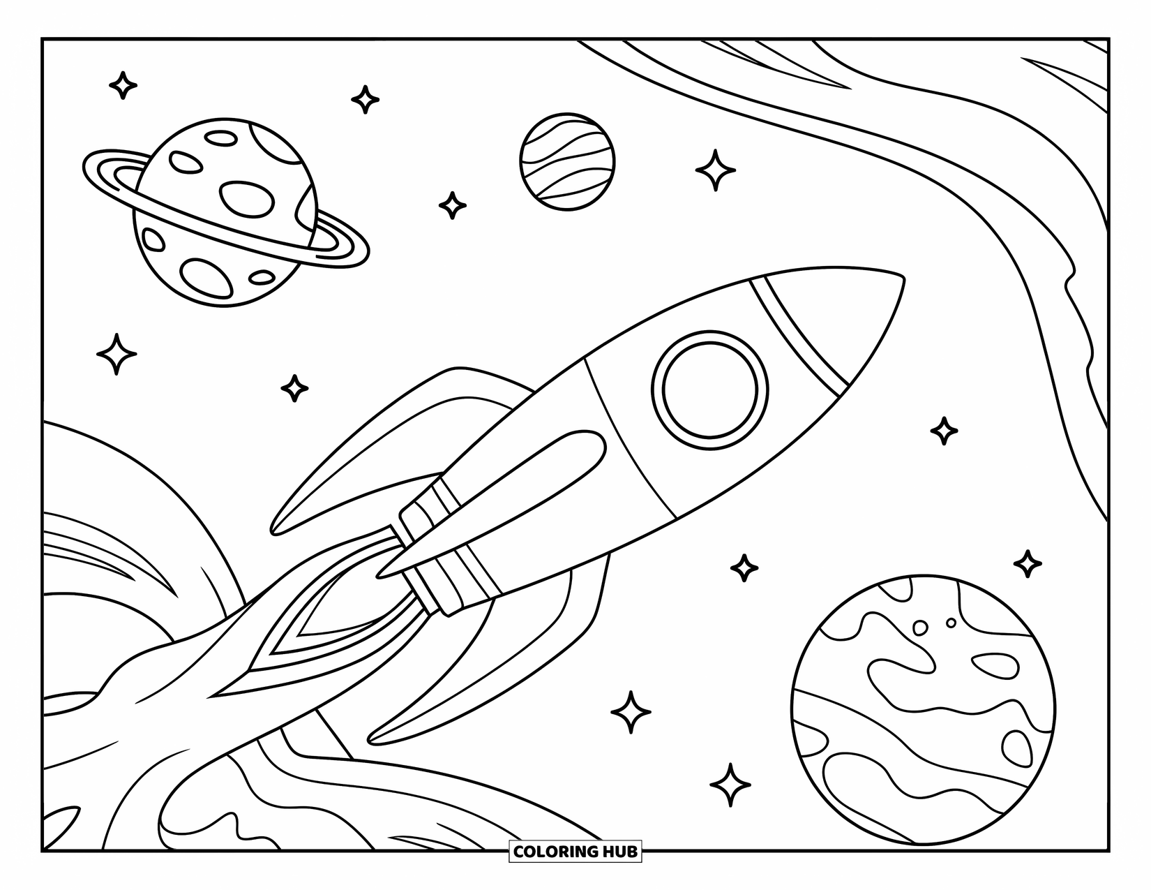 Ruimte Kleurplaat voor Kinderen: Een slanke raket scheert langs planeten en manen en laat een rookspoor achter