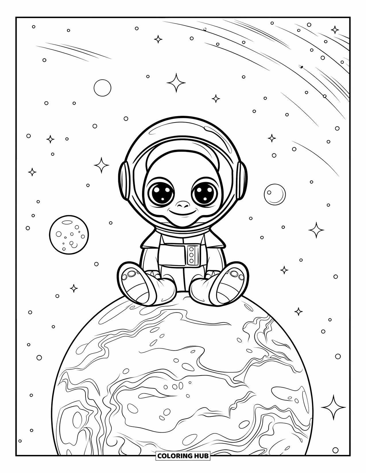 Ruimte Kleurplaat voor Kinderen: Een kleine, gehelmde alien zwaait vanaf een miniatuurplaneet tussen de sterren