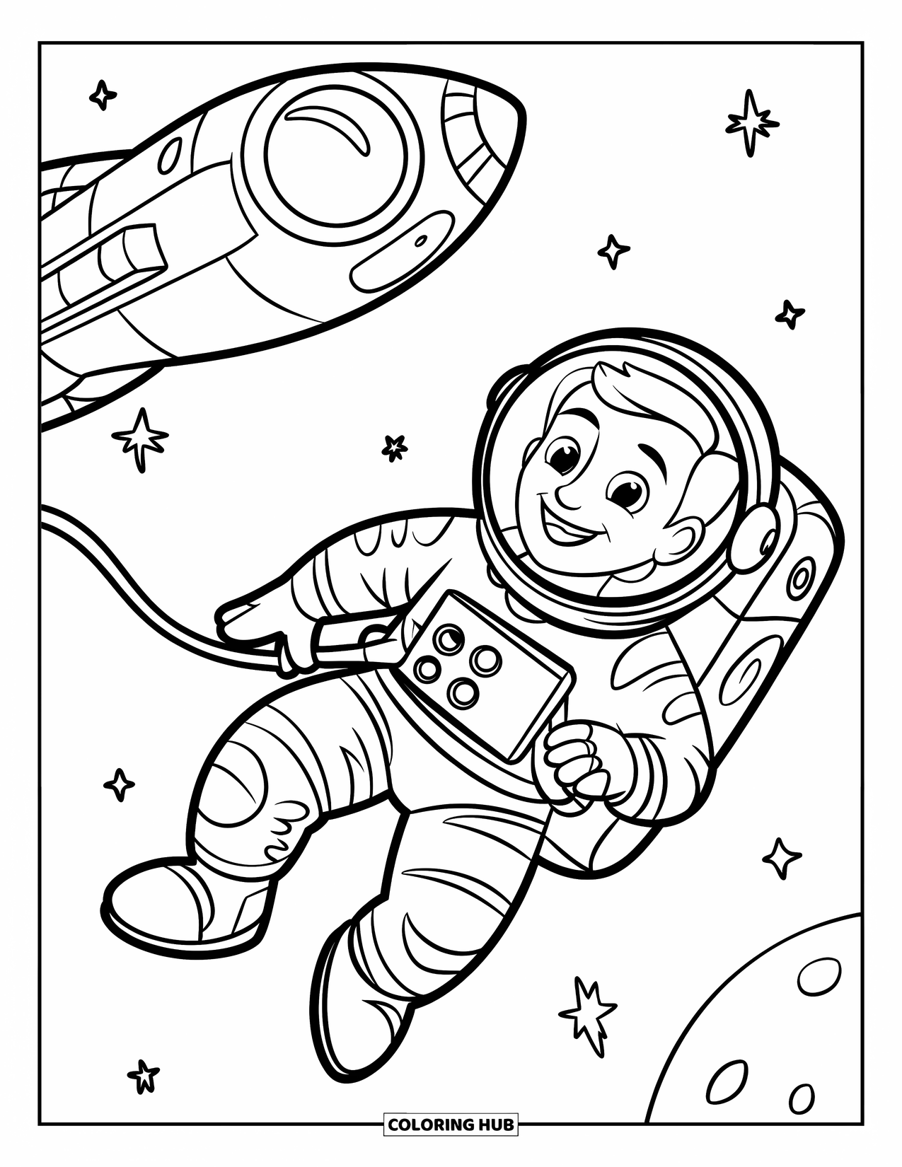 Ruimte Kleurplaat voor Kinderen: Een lachende astronaut drijft in gewichtloosheid, verbonden met een schip