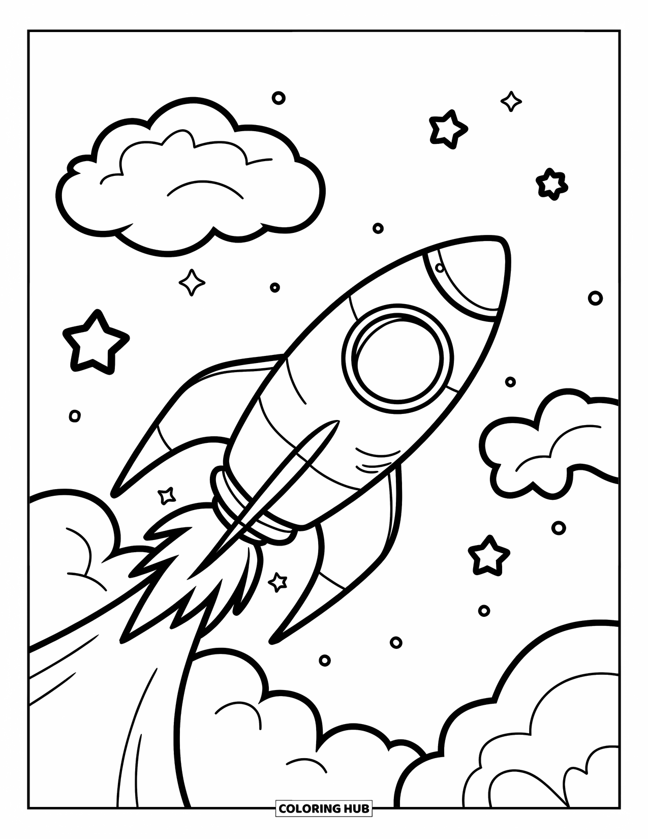 Ruimte Kleurplaat voor Kinderen: Een lachende raket lanceert de ruimte in, omringd door pluizige wolken