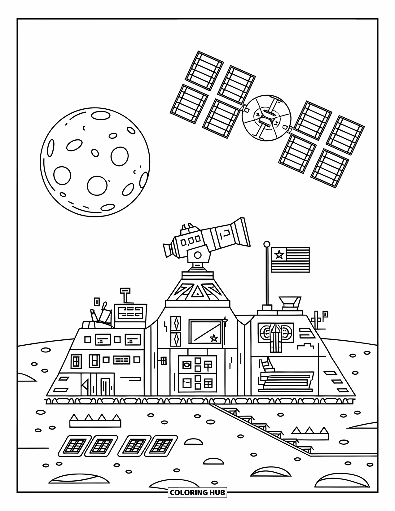 Ruimte Kleurplaat voor Kinderen: Een ruimtebasis met een telescoop en een vlag, omringd door kraters