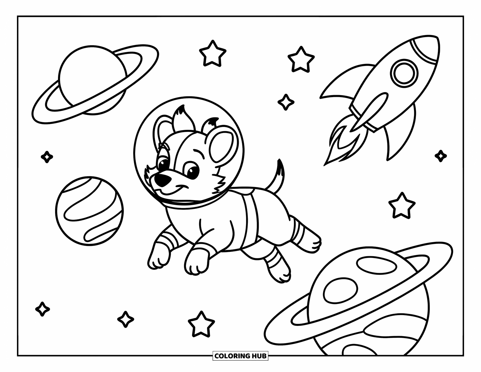 Ruimte Kleurplaat voor Kinderen: Een ruimtehond met een astronautenhelm zweeft speels in de ruimte