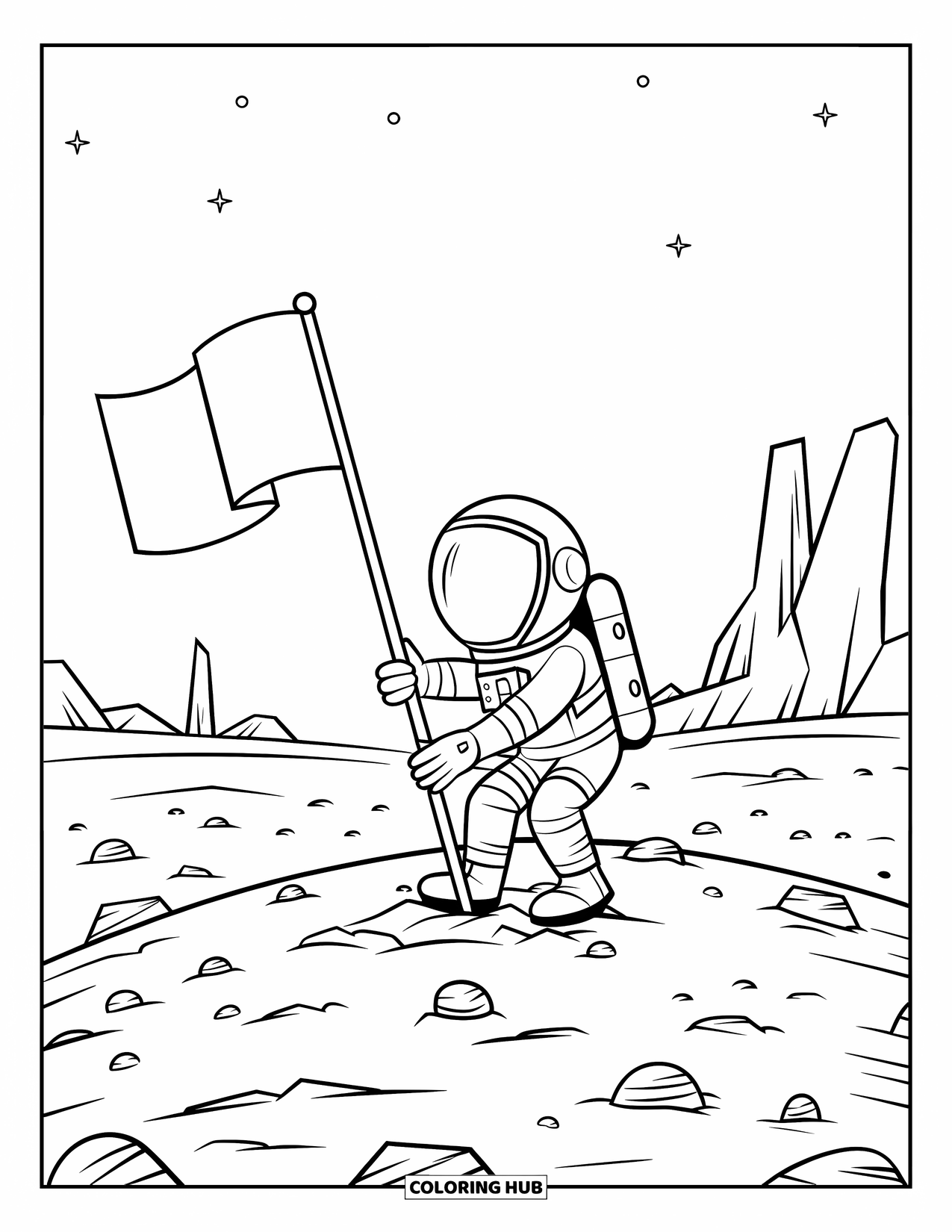 Ruimte Kleurplaat voor Kinderen: Een ruimteverkenner plant trots een vlag op een mysterieuze planeet